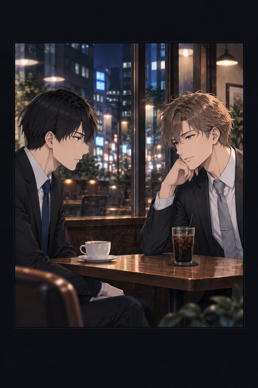 夜の駅前の小さな喫茶店。窓際の席で向き合う律と辻堂。辻堂の前に手つかずのアイスコーヒー。