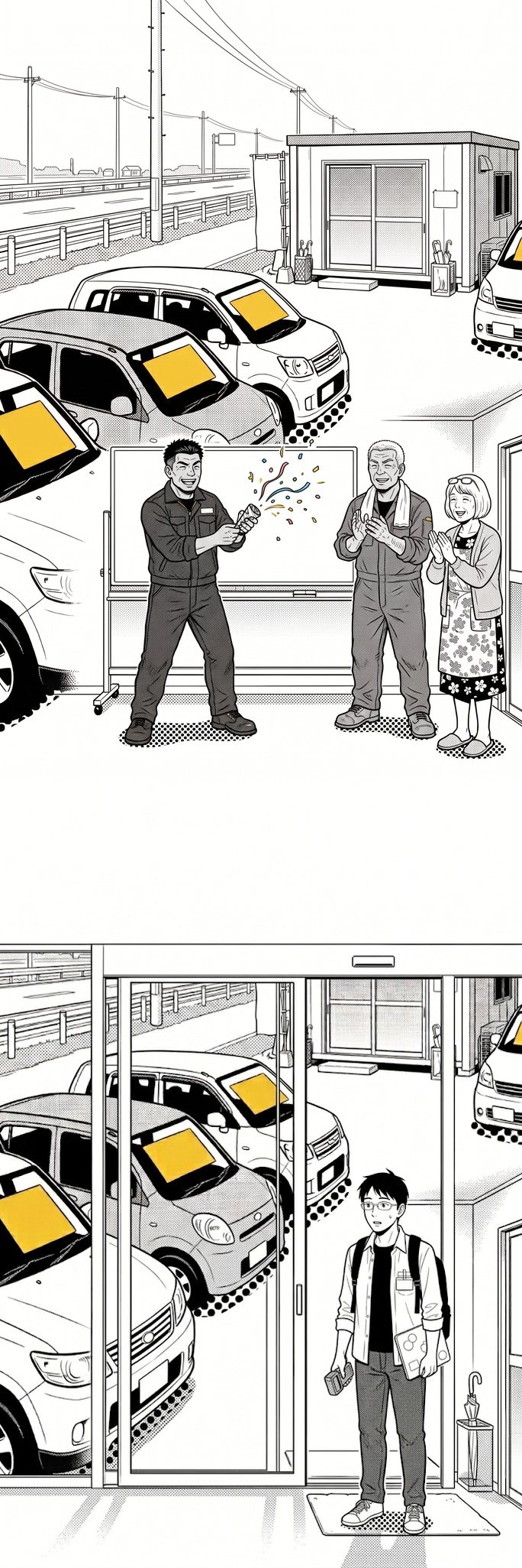 縦に長い絵。上に、晴れた昼の国道沿いの中古車の展示場。並んだ車のフロントガラスに黄色い値札。真ん中に、事務所の中のホワイトボードの前で、ジャンパーの男性がクラッカーを鳴らし、作業着の年配の男性と、エプロンの年配の女性が拍手している。下に、事務所の入口の自動ドアが開き、黒いリュックを背負い、ノートパソコンを小脇に抱えた眼鏡の若い男性が、拍手の輪をぽかんと見ている。