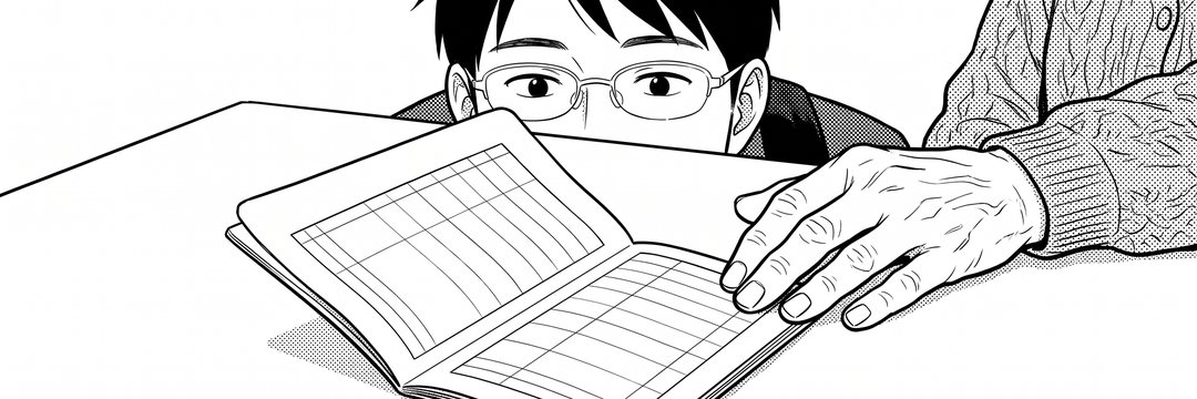細い横の帯の寄り。机の上の、記帳したばかりの開いた通帳。カーディガンの袖の年配の女性の手が置いたところを、向こうから眼鏡の若い男性がのぞき込む（字は読めない）。