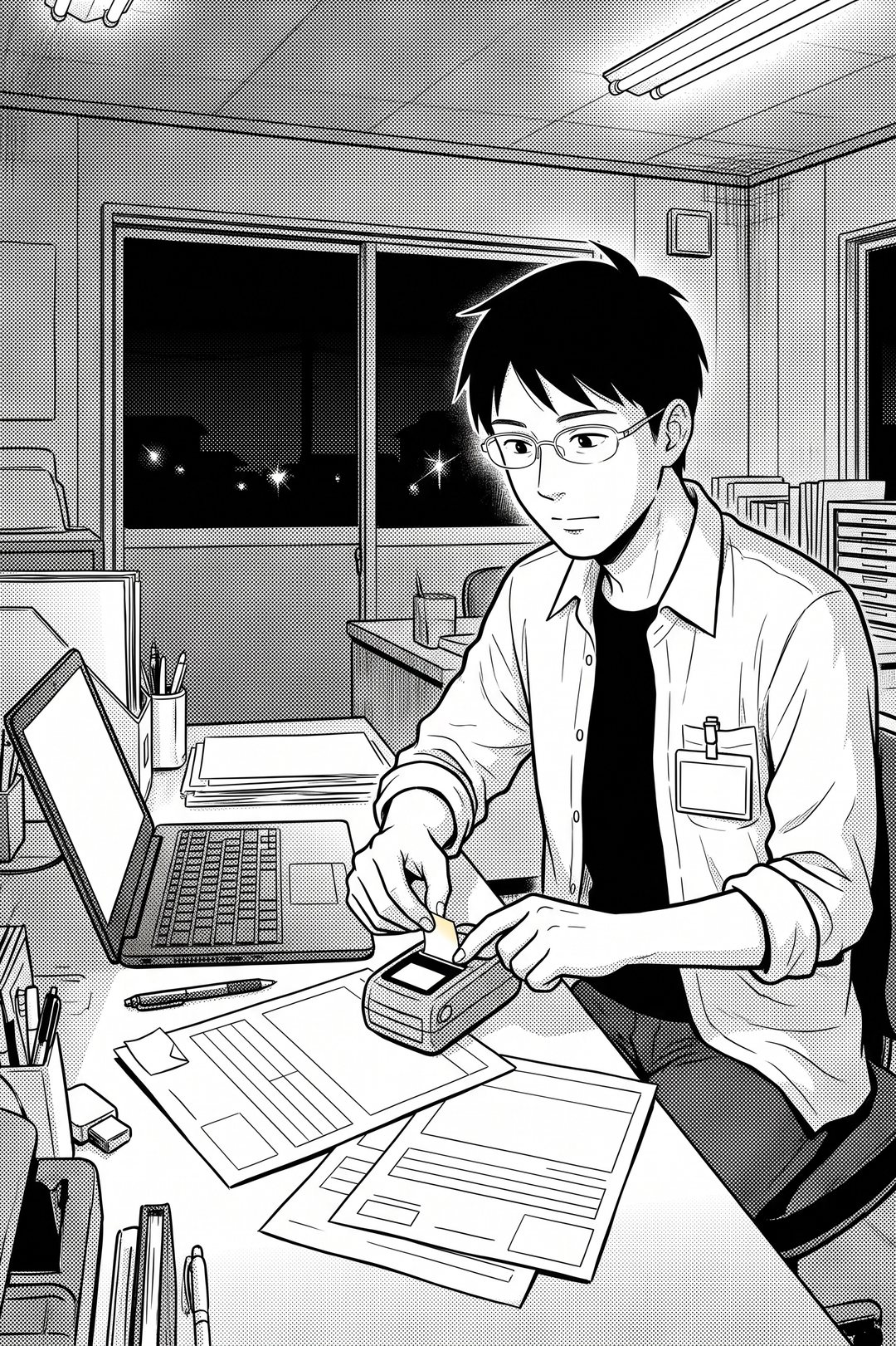 夜の事務所。白い蛍光灯の下、机いっぱいに広げた請求書と計算書。開いたノートパソコンの横で、眼鏡の若い男性が小さなラベルプリンターから出た白いシールを、紙の隅に1枚ずつ貼っていく。窓の外は暗い。