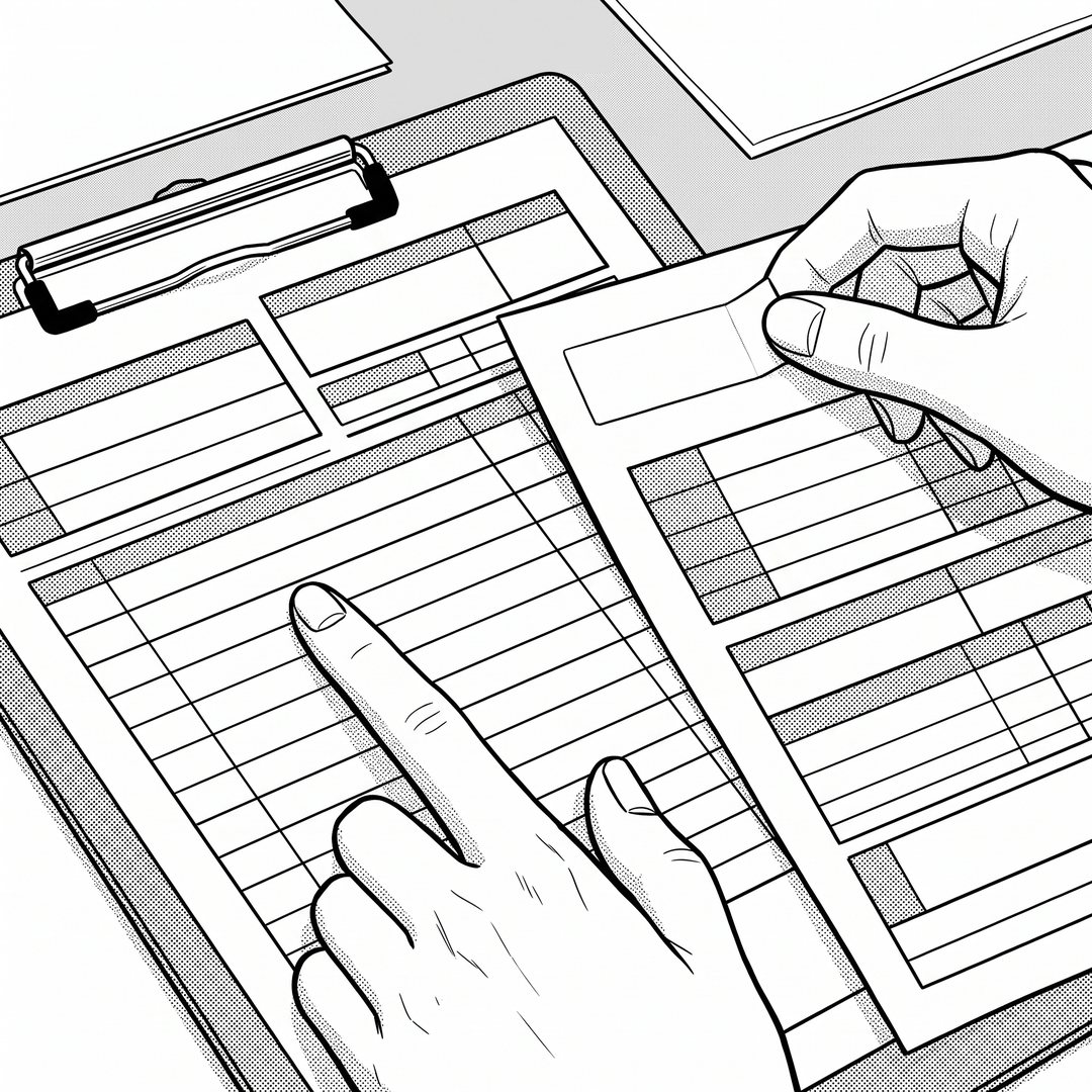 差し込みの小さな絵。オークションの計算書の1行を指でたどる手と、隅に白いシールを貼った陸送の請求書を重ねる、もう片方の手。