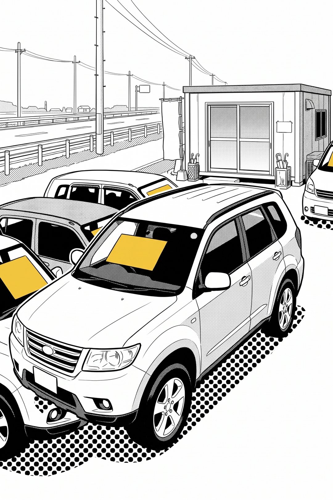昼の展示場。黄色い値札の付いた白い SUV。値札に字は無く、黄色だけがくっきり目立つ。