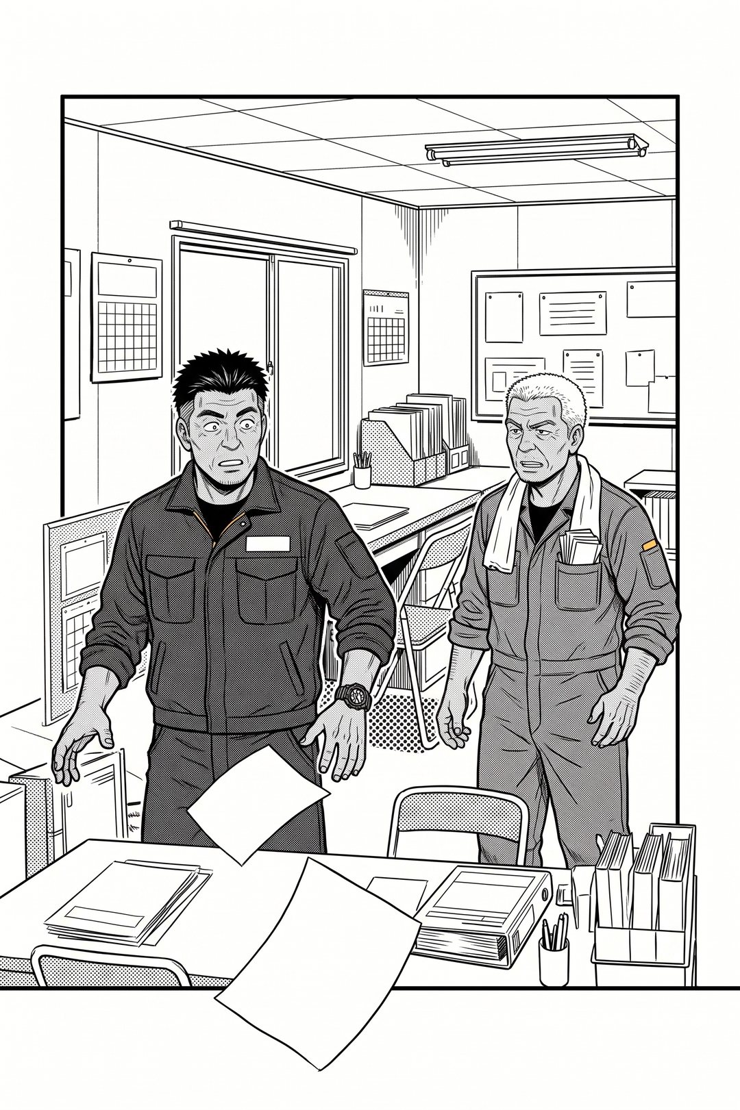 朝の事務所。目を見開いて固まる社長。その横で、眉をひそめる作業着の年配の男性。社長の手から落ちた紙が、絵の枠の下の線を越えて手前へ舞う。
