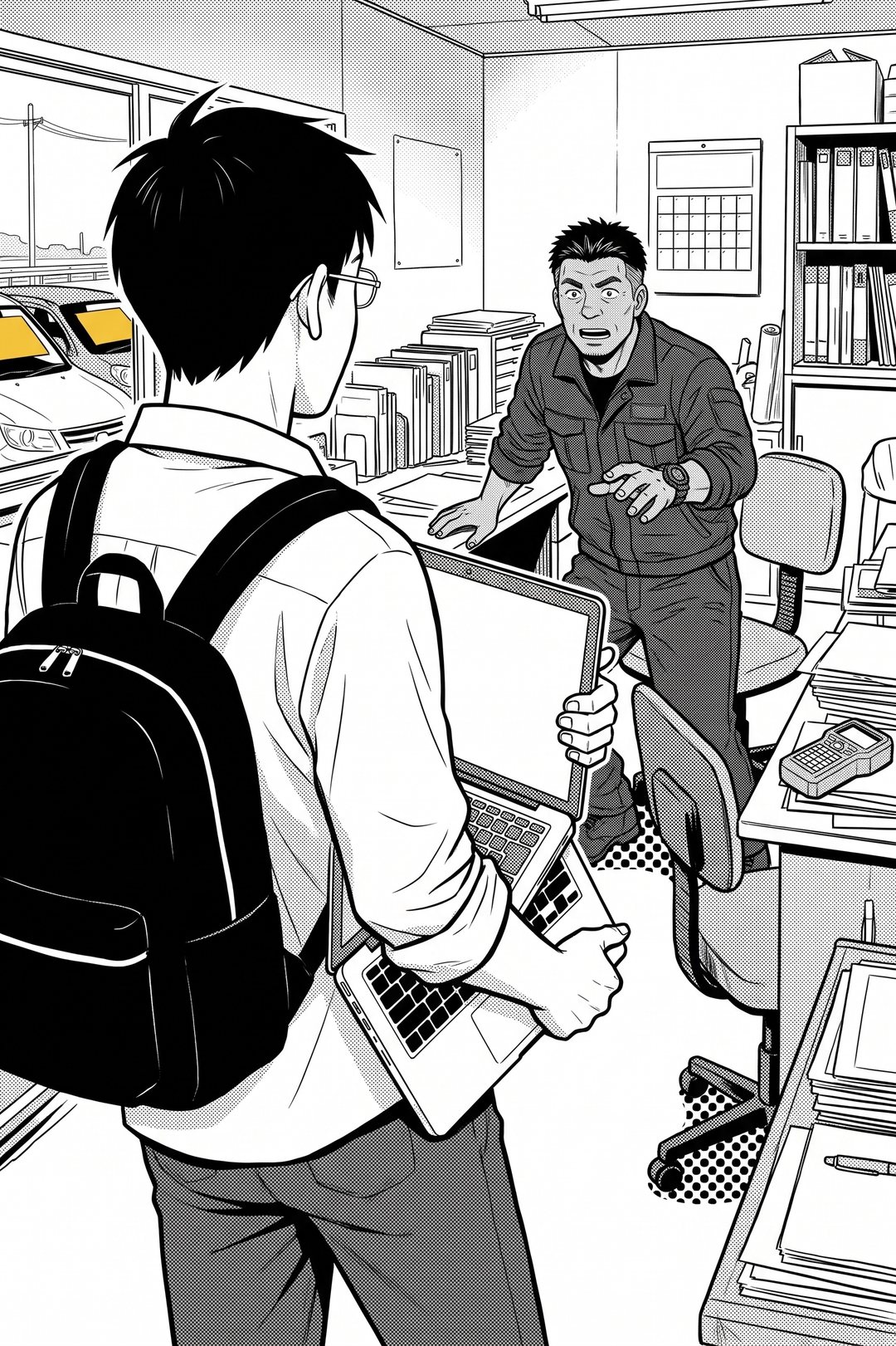 開いたノートパソコンを胸に抱えて一歩前へ出た眼鏡の若い男性の背中ごしに、奥で立ち上がる社長が手を伸ばしている。画面は白く、字は読めない。
