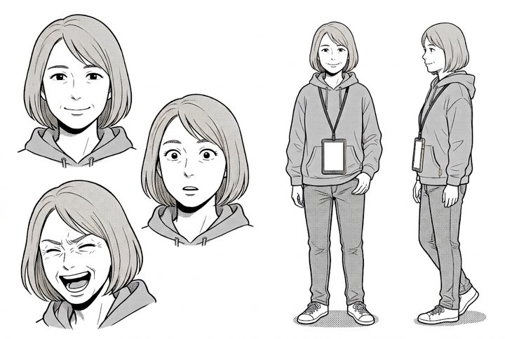 「車屋に、車さんが来た。」の向井 美和の設定画（全身と顔）
