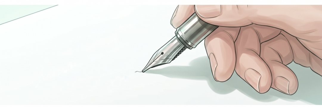 細い横の帯の寄り。便せんの上を進む万年筆のペン先。