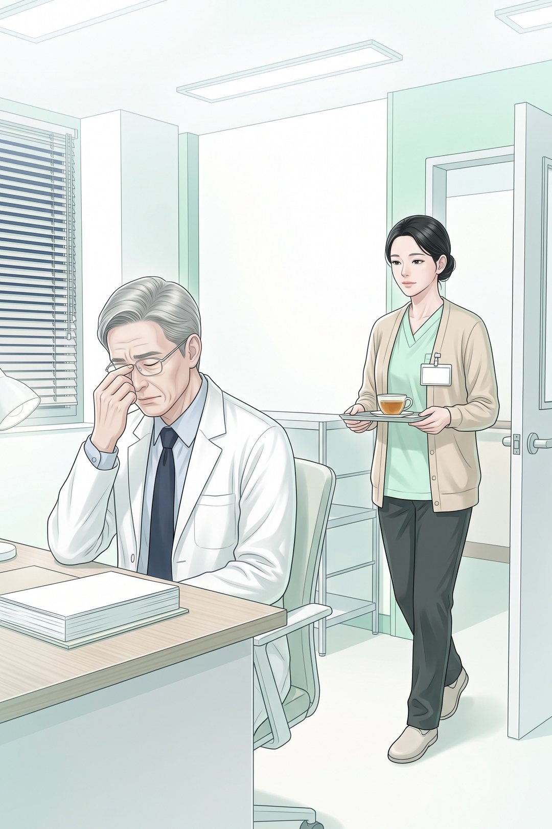 奥の部屋。机で目頭を押さえる白衣の年配の男性と、お盆にお茶をのせて入ってくる、カーディガンを羽織った40代の女性。