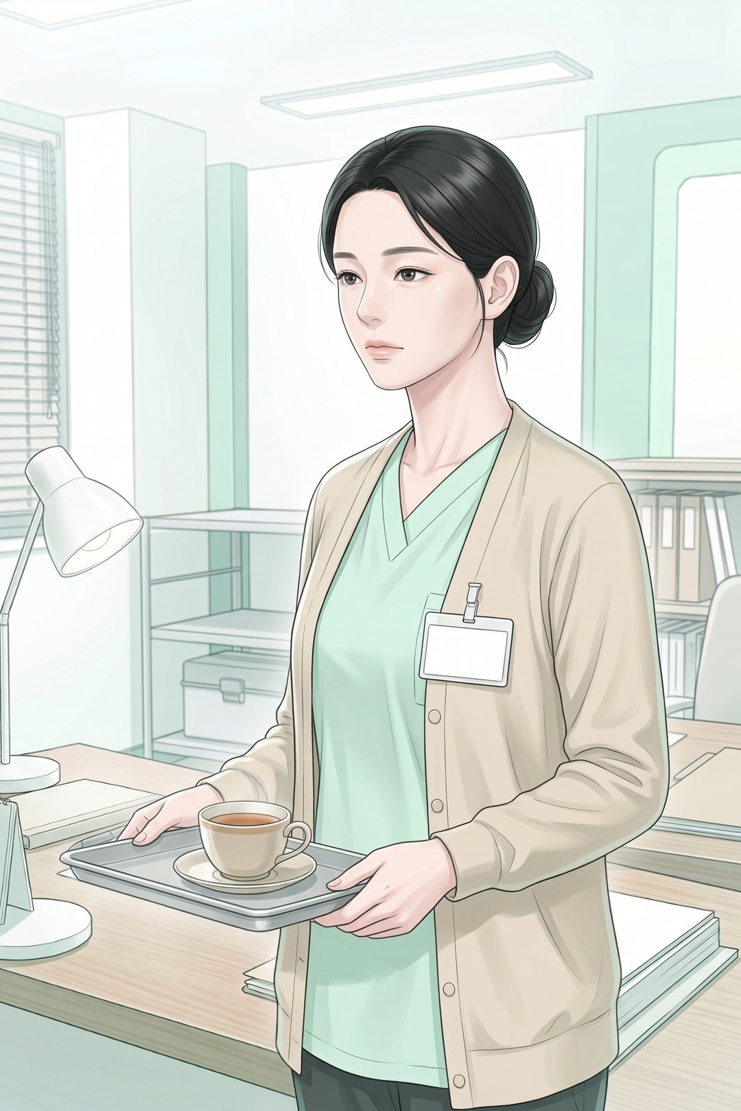 お盆を持ったまま立ち止まり、男性のほうを振り向く40代の女性の寄り。目がまっすぐで、笑っていない。