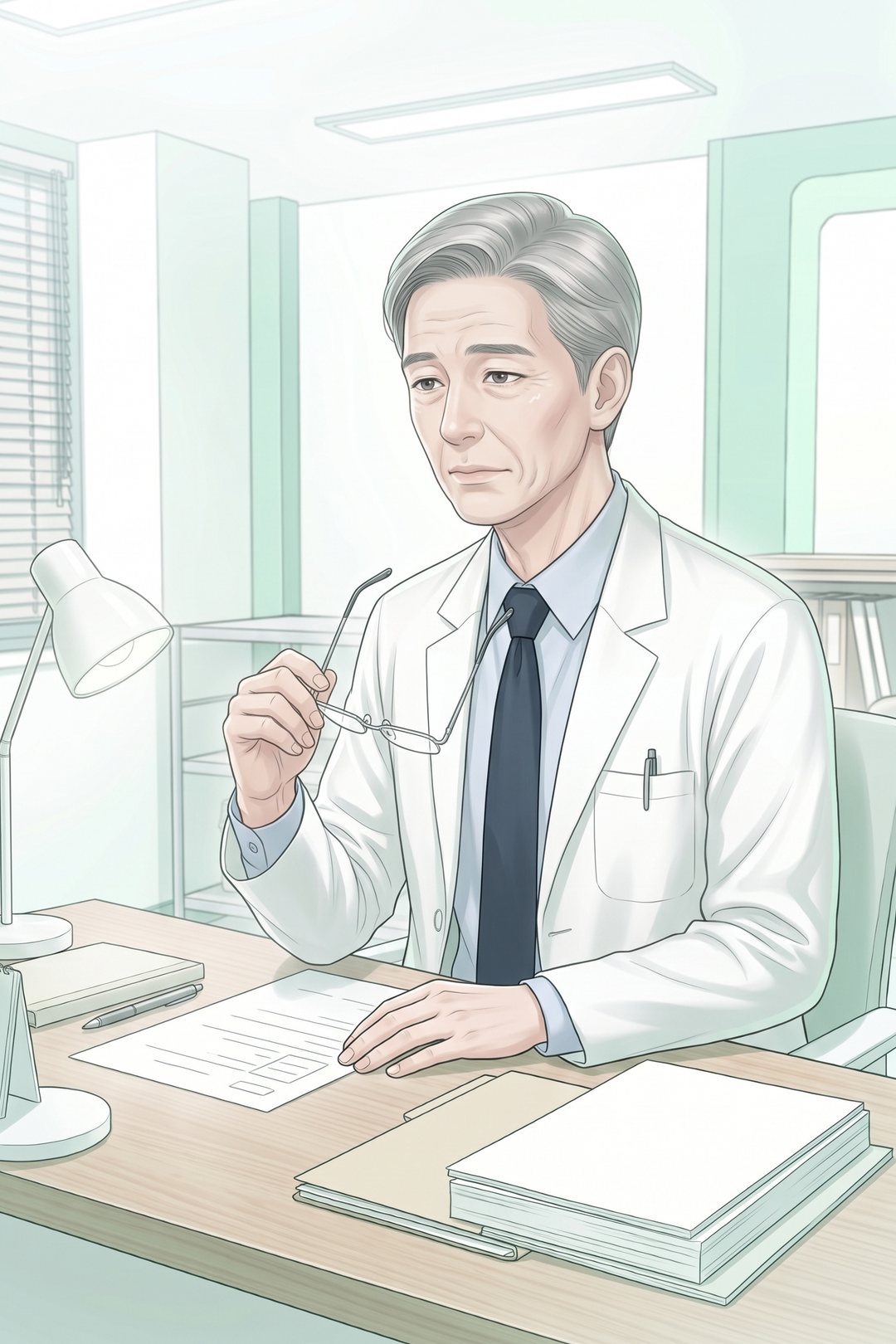 机の前で、メガネを外して2人を見比べる白衣の年配の男性。