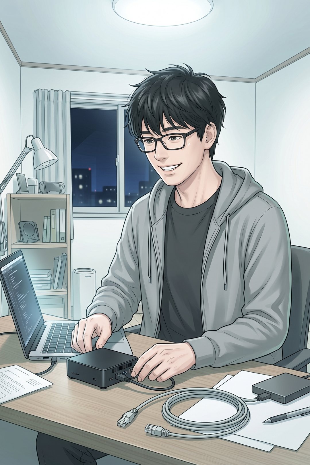 夜の小さな部屋の机。ノートパソコンの横で、手のひらほどの黒い箱にケーブルをつなぐ20代の男性。机の上に、抜いたネットの線が丸めて置いてある。