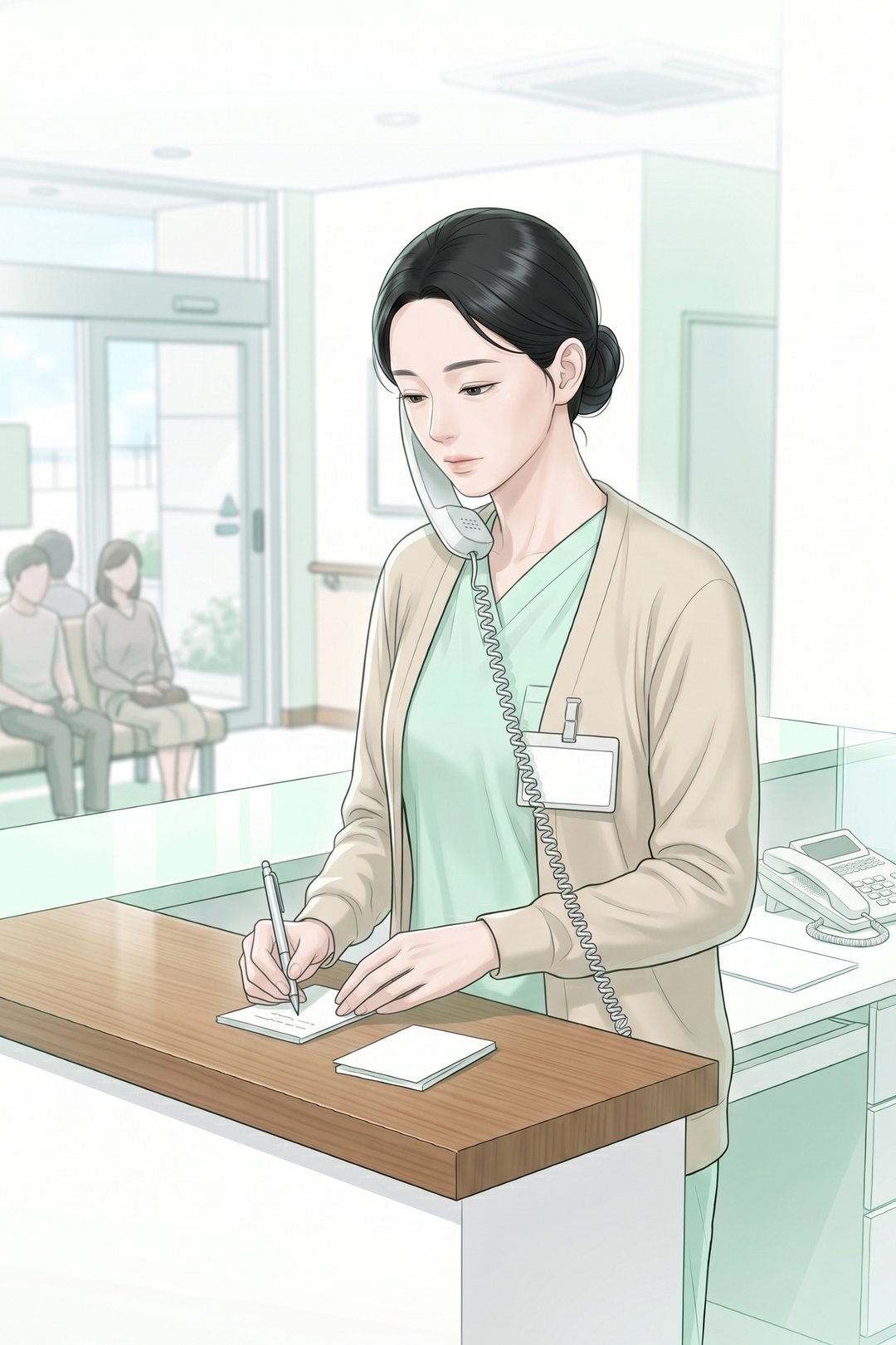 朝の町の内科の受付。木のカウンターの向こうで、受話器を肩にはさんでメモを書く40代の女性。待合室の長いすに、顔のぼやけた患者たち。
