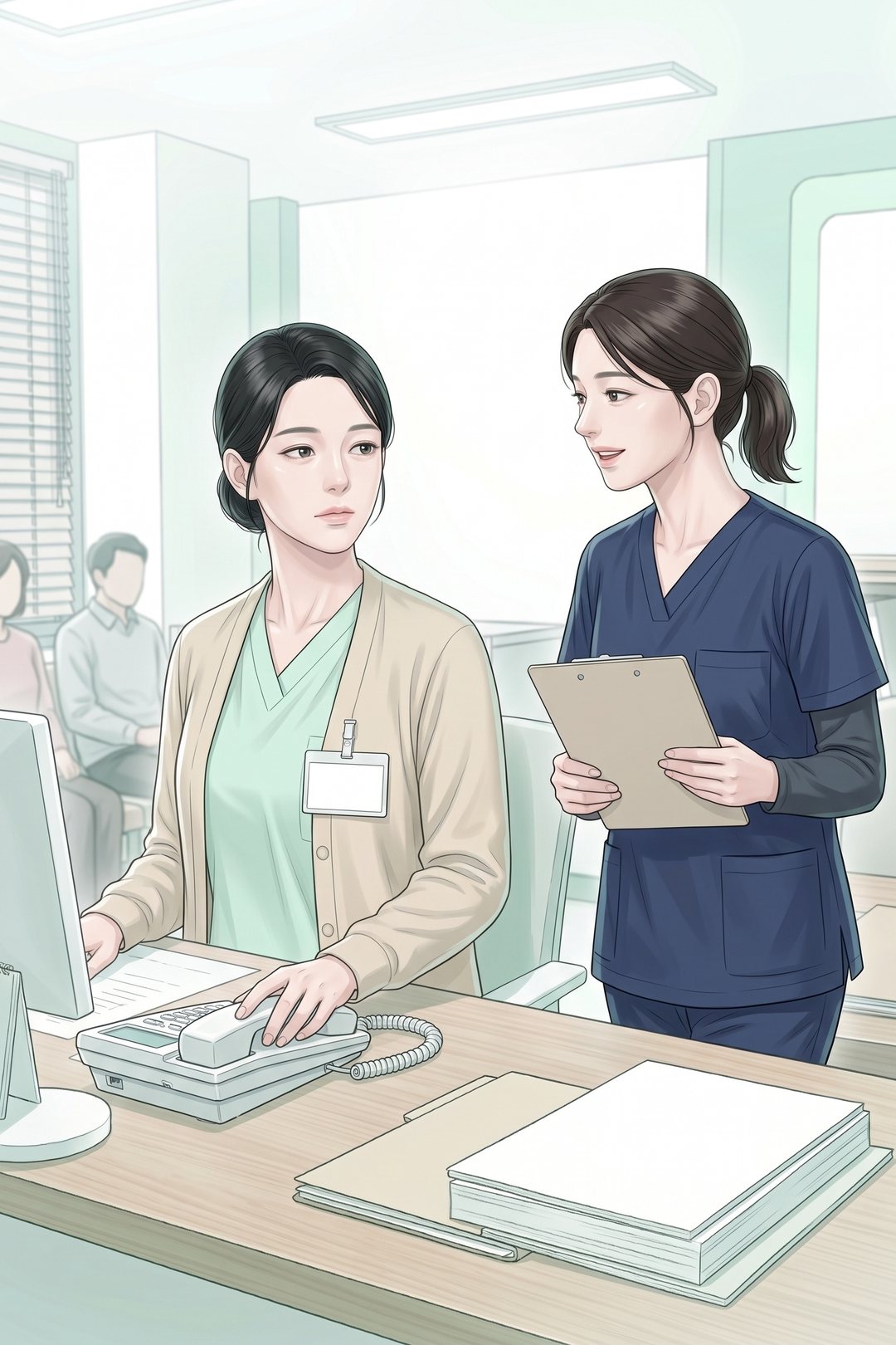 受付の後ろを、紙のはさまったバインダーを持って通りかかる30代の女性の看護師。受付の女性は、受話器を置いたところ。