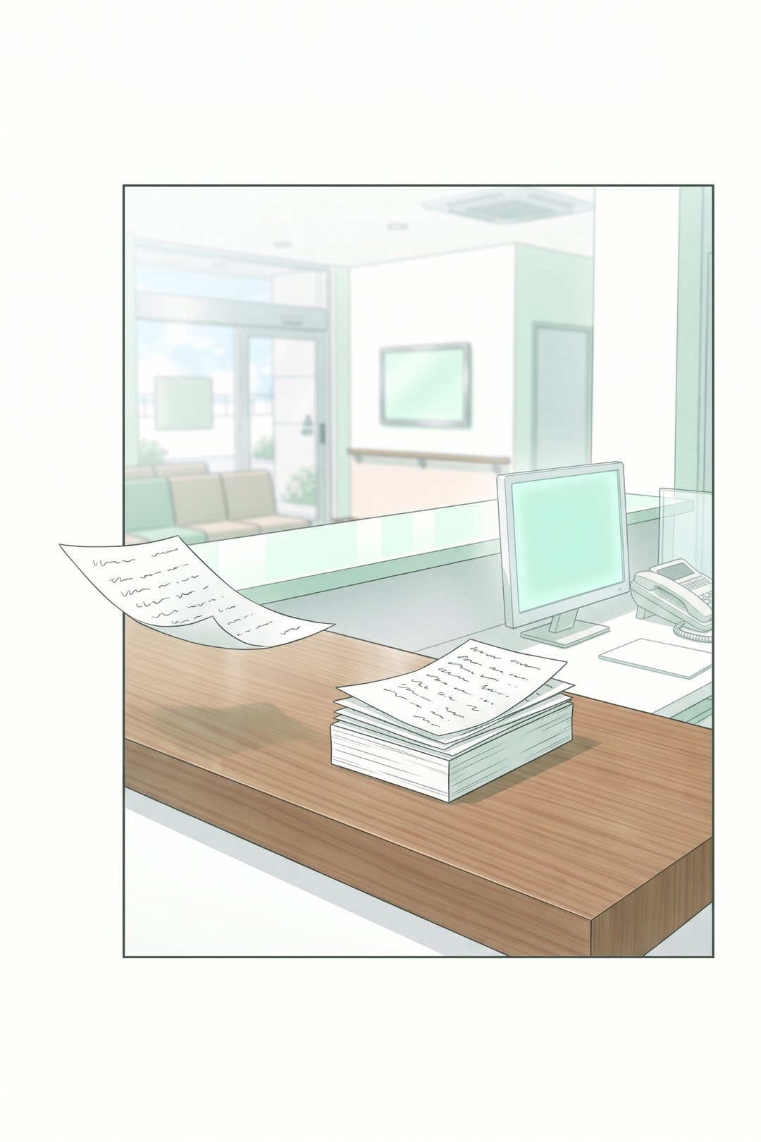 受付の机の上に積み上がった、手書きの電話のメモの束。いちばん上のメモが、絵の枠の左の線を越えて手前へはみ出し、ひらりと落ちかけている。