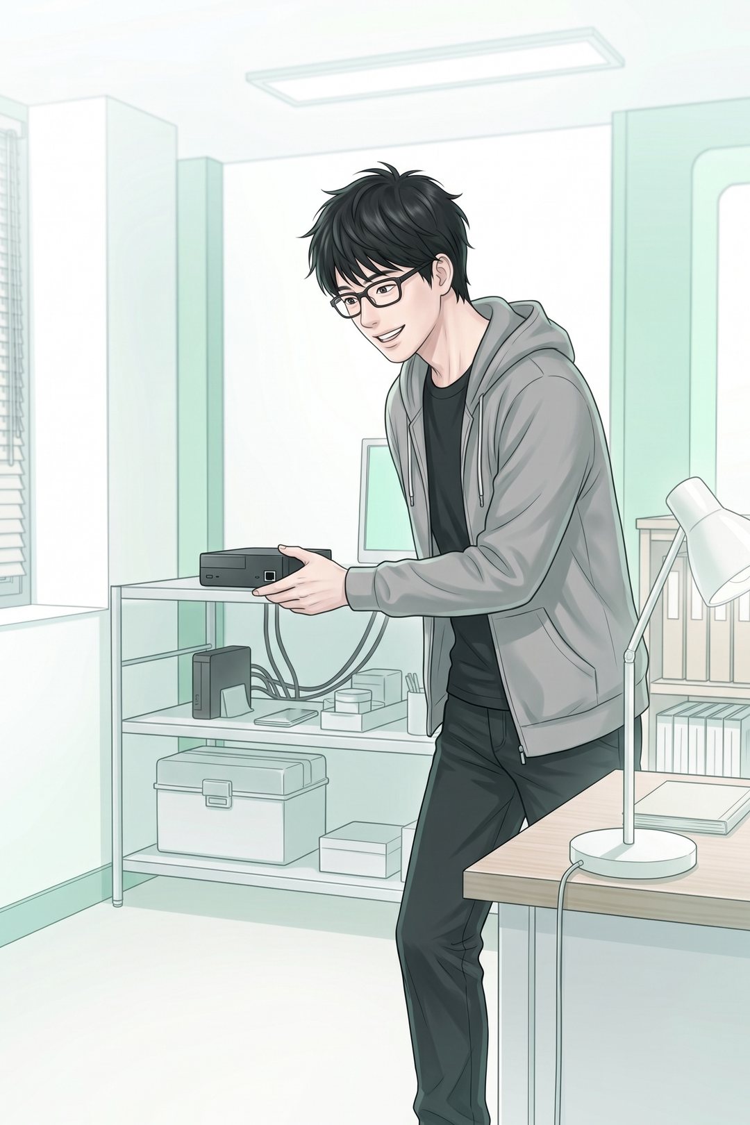 奥の部屋の棚に、手のひらほどの黒い箱と小さなモニターを置く20代の男性。箱の後ろに、何もつながっていないネットの差し込み口。
