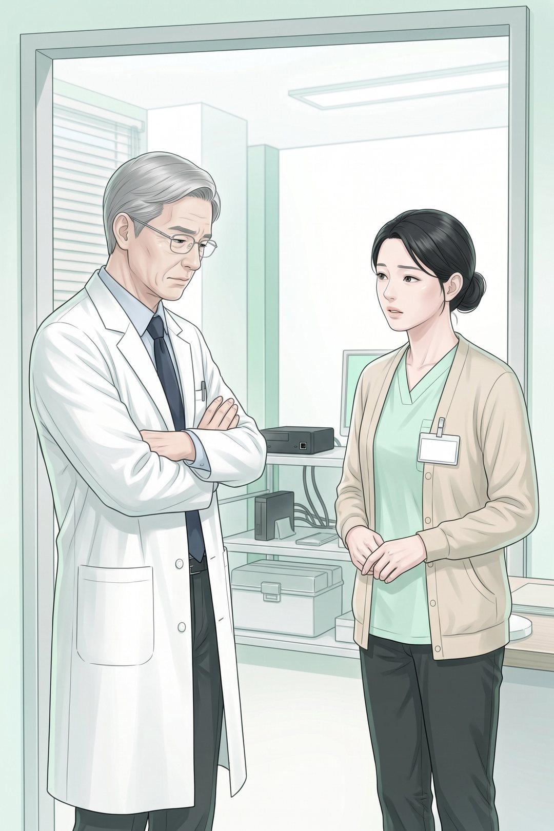 奥の部屋の入口で、腕を組んで箱を見る白衣の年配の男性と、首をかしげる40代の女性。
