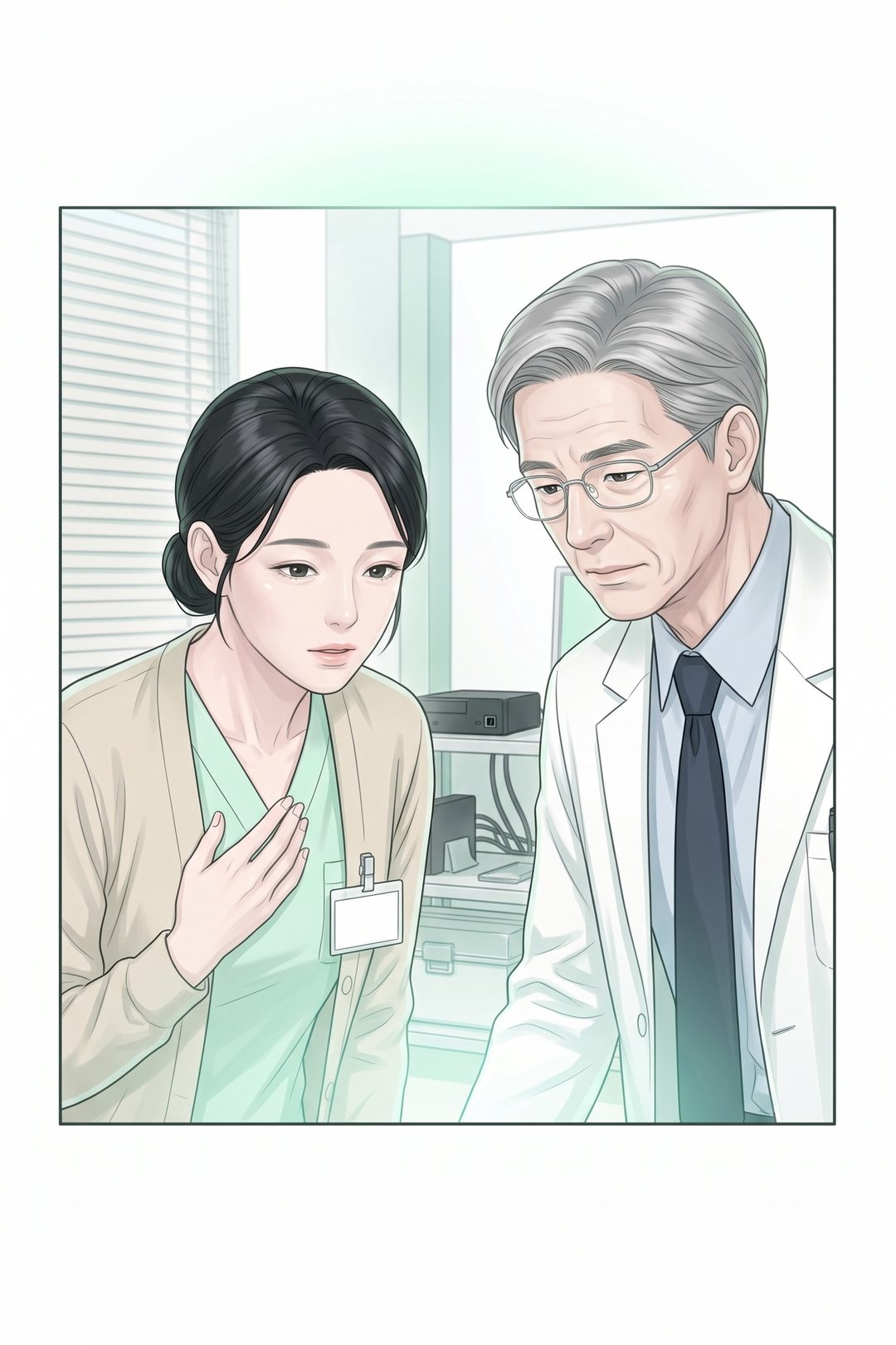 小さなモニターの淡いミントの光に照らされて、画面をのぞきこむ白衣の年配の男性と40代の女性。モニターの光が、絵の枠の上の線を越えて外へあふれている。