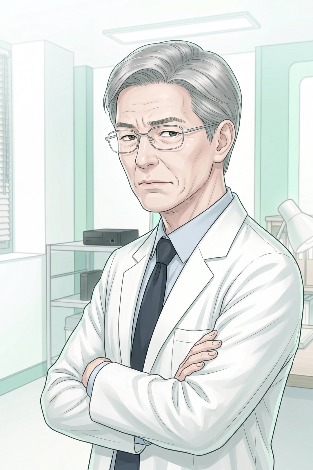 腕を組んだまま、画面から顔を上げて、片方の眉を上げる白衣の年配の男性の寄り。