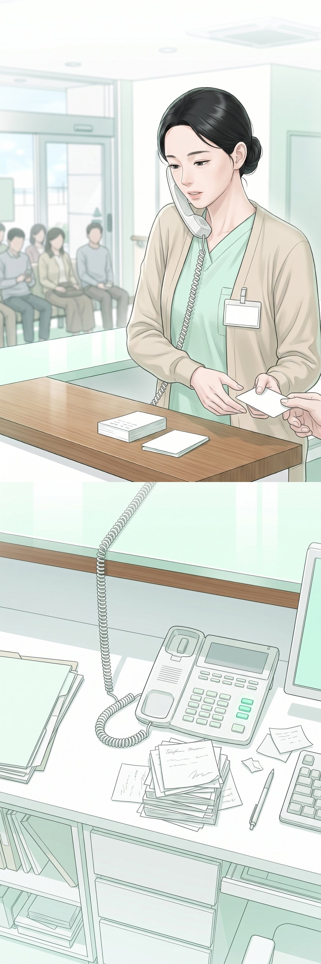 縦に長い絵。上に、顔のぼやけた患者で埋まった待合室の長いす。真ん中に、木の受付のカウンターで、受話器を肩にはさみながら保険証を受け取る40代の女性。下に、カウンターの電話の、光っている3つの外線のボタンと、手書きのメモの束。