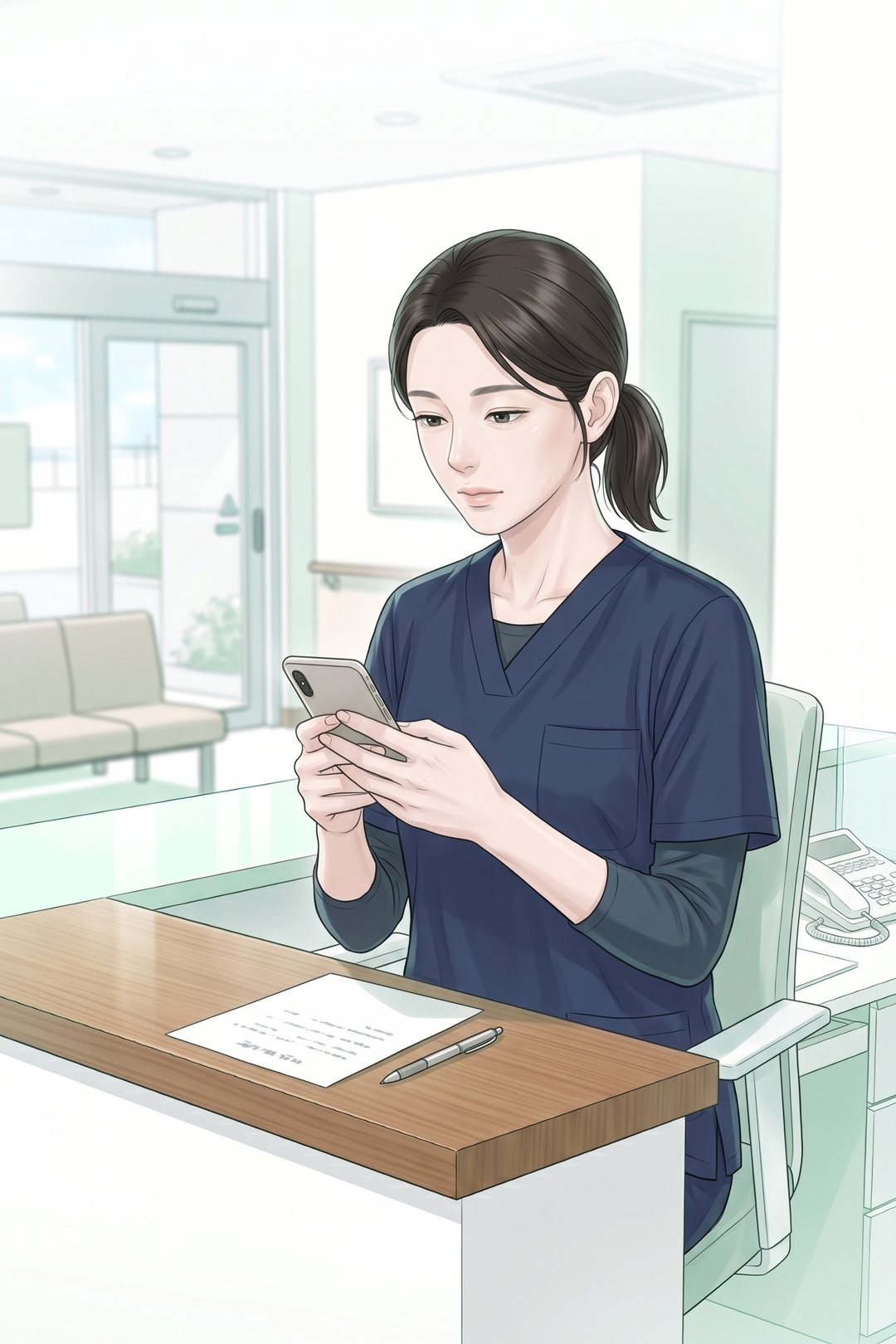 受付の奥の、看護師の小さな机。紙のメモを横に置き、スマホに両手の親指で文を打っている30代の女性の看護師。