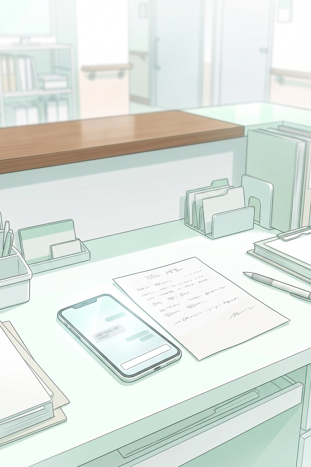 机の上の手書きのメモの寄りと、その横でスマホの画面に光る入力の欄。