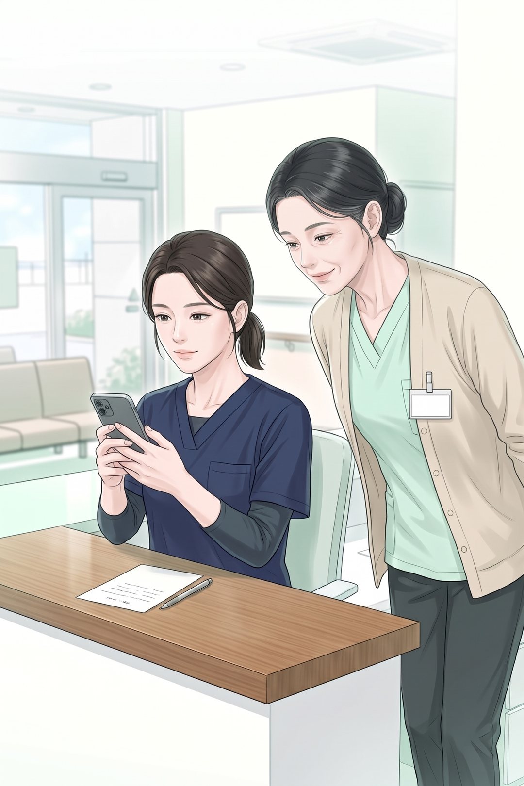 看護師の後ろを通りかかった40代の受付の女性が、足を止め、スマホの画面をのぞきこむ。