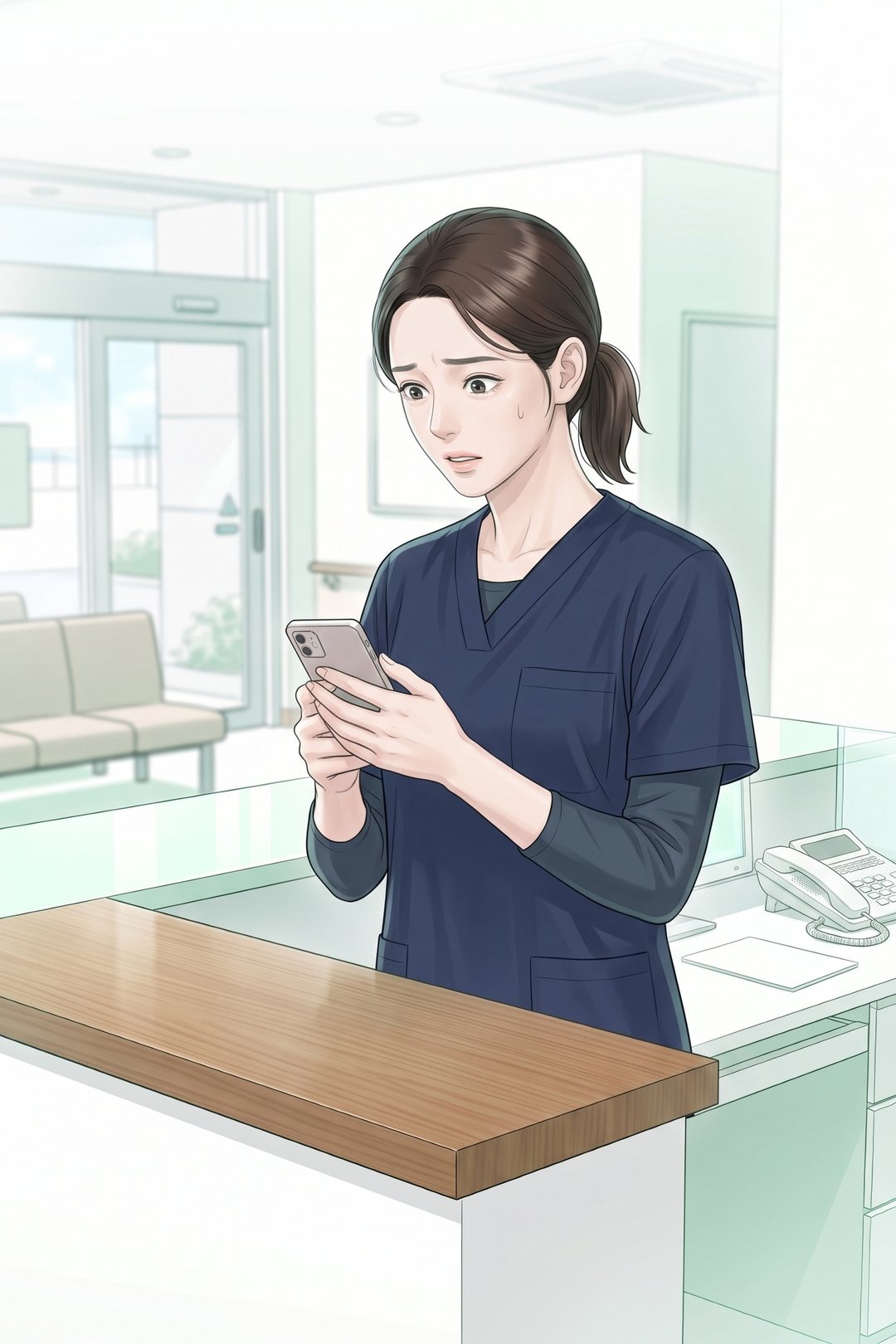 スマホを持ったまま固まる30代の女性の看護師の寄り。目を見開いている。