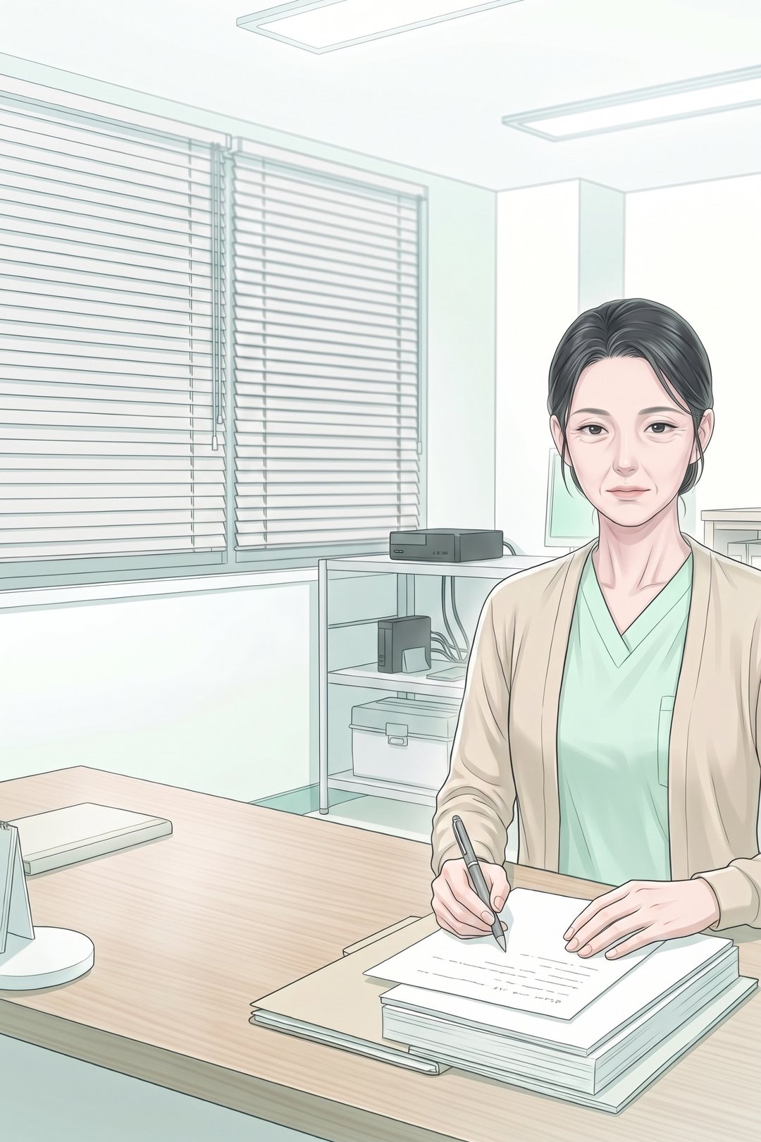 夜の奥の部屋の机。紙とペンを前に、まっすぐ前を見て話す40代の女性。
