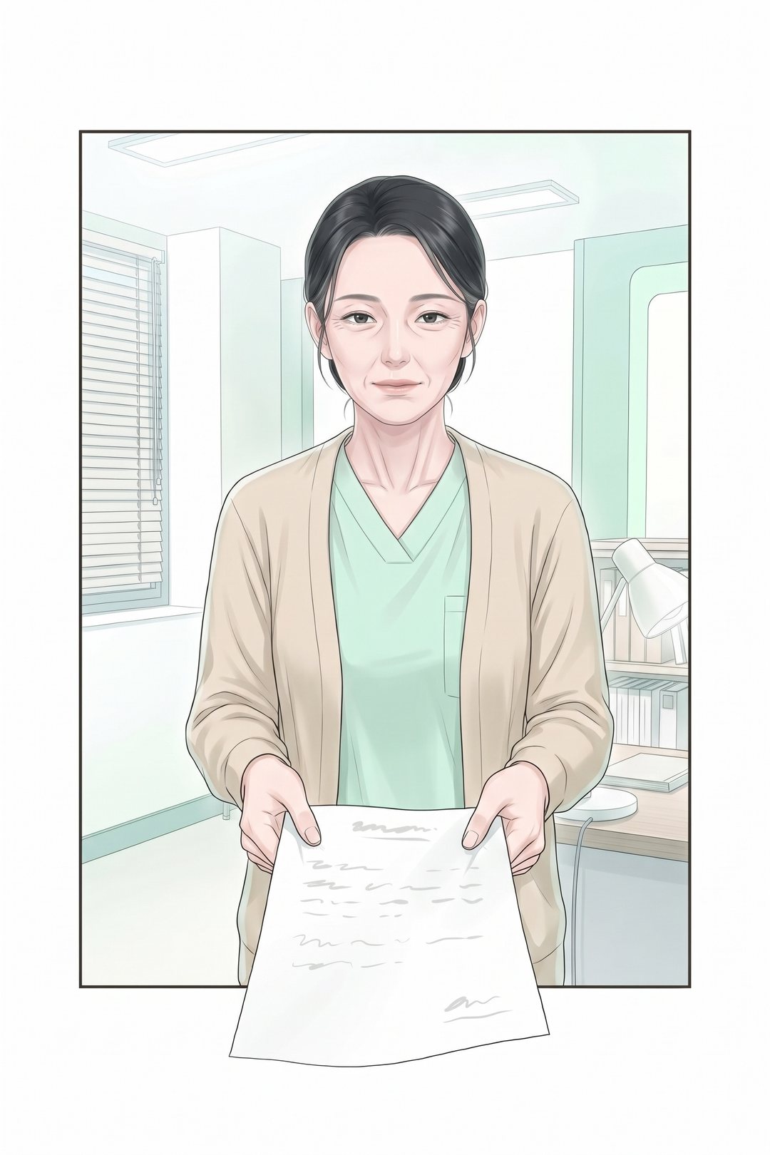 机の上で、40代の女性が書き上げた紙を両手で持ち上げて見せる。紙が、絵の枠の下の線を越えて手前へ大きく突き出している。