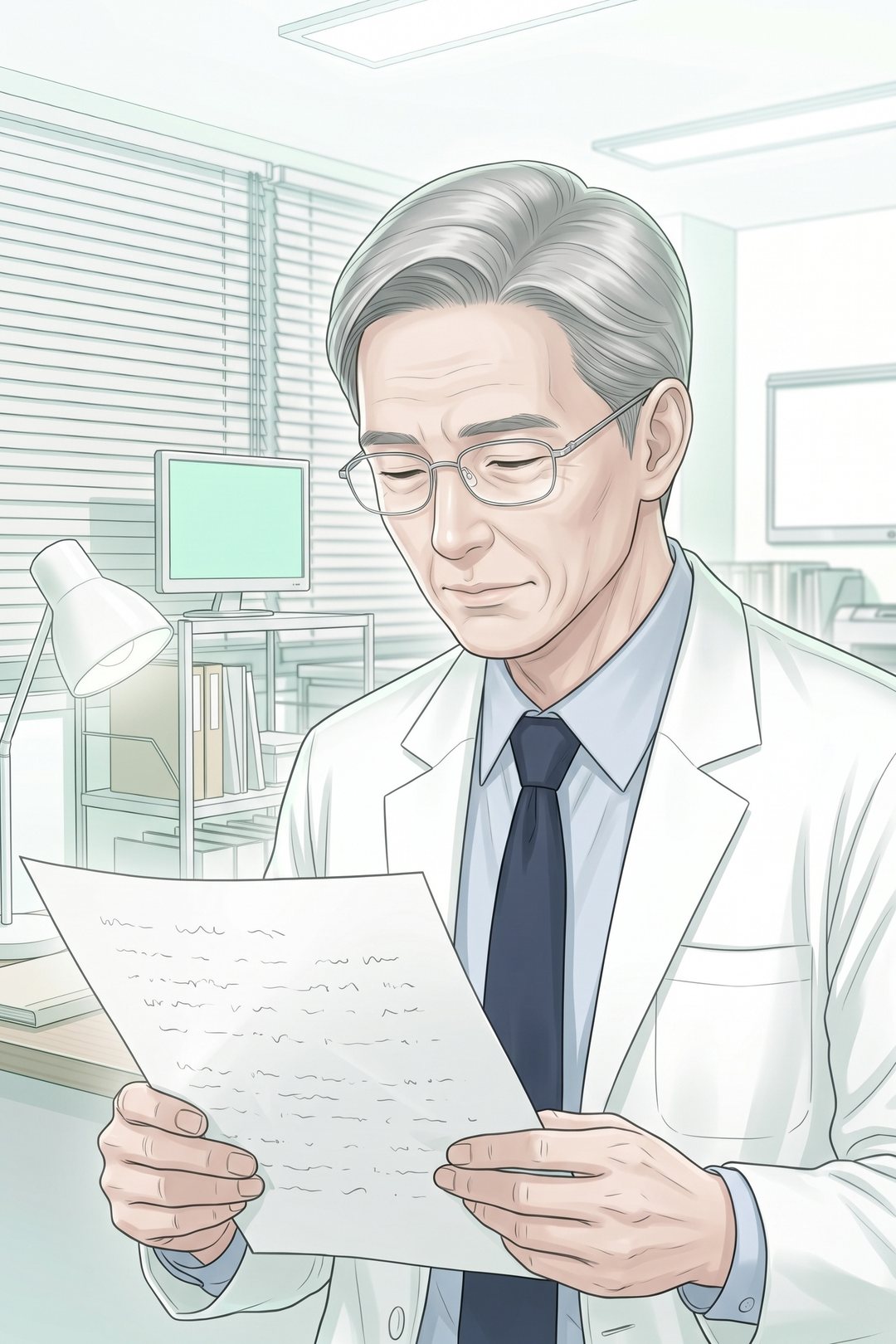 紙を読み、ゆっくりうなずく白衣の年配の男性。