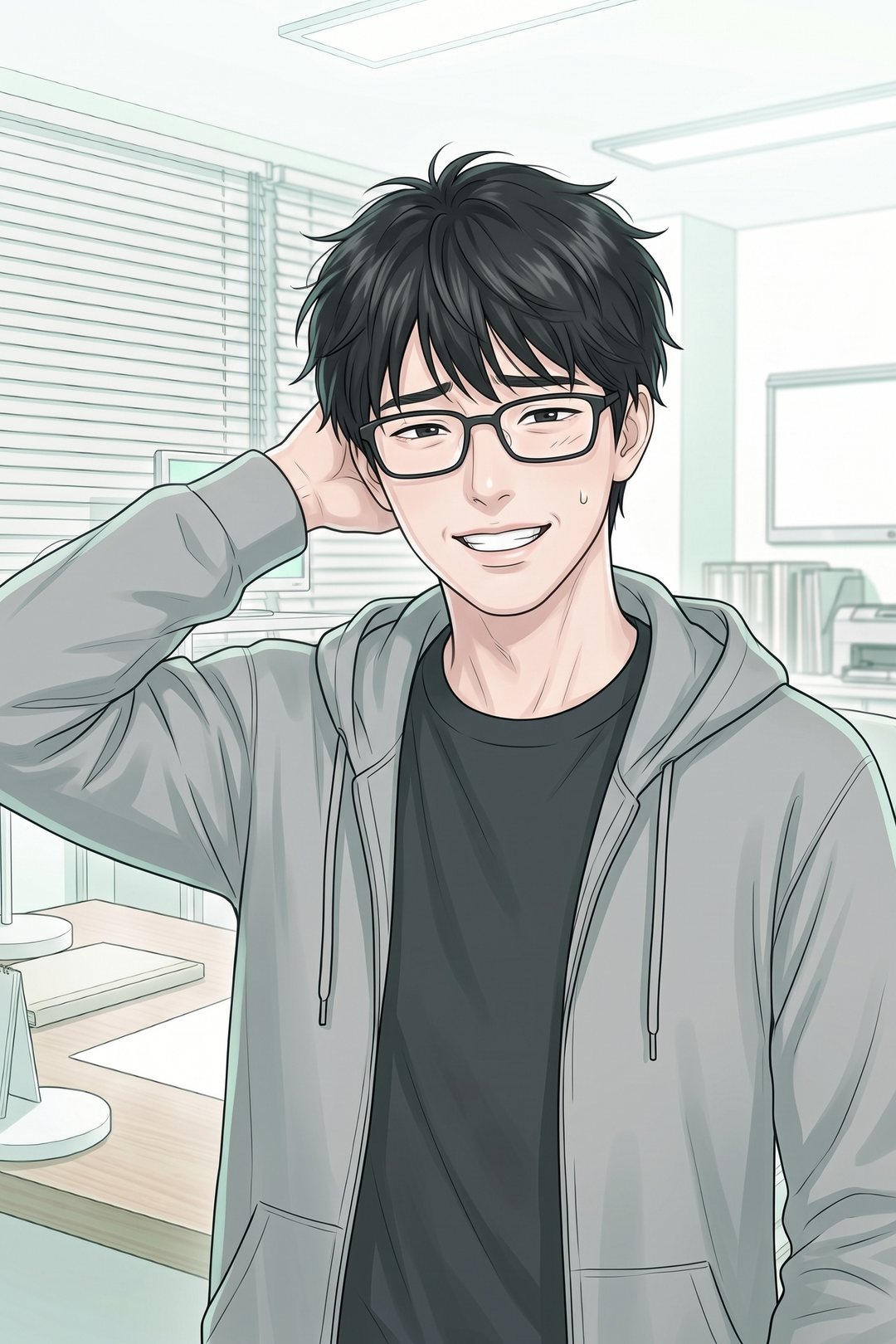 頭をかいて、ばつが悪そうに笑うパーカーの20代の男性。