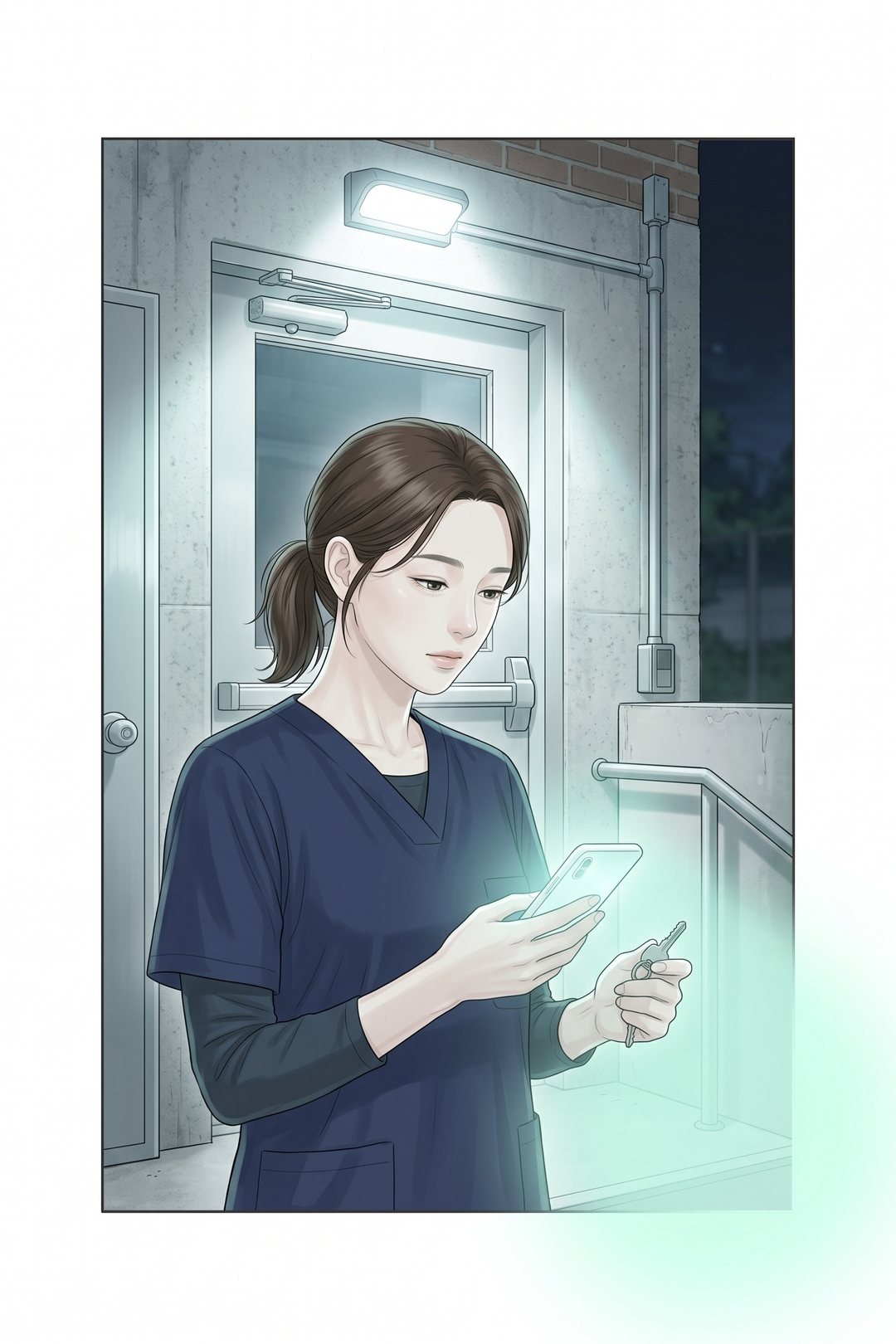 夜の診療所の裏口の前。ロッカーの鍵を手に、スマホの画面を開く30代の女性の看護師。暗い中、画面の光だけが顔を照らす。その光が、絵の枠の右の線を越えて外へあふれている。