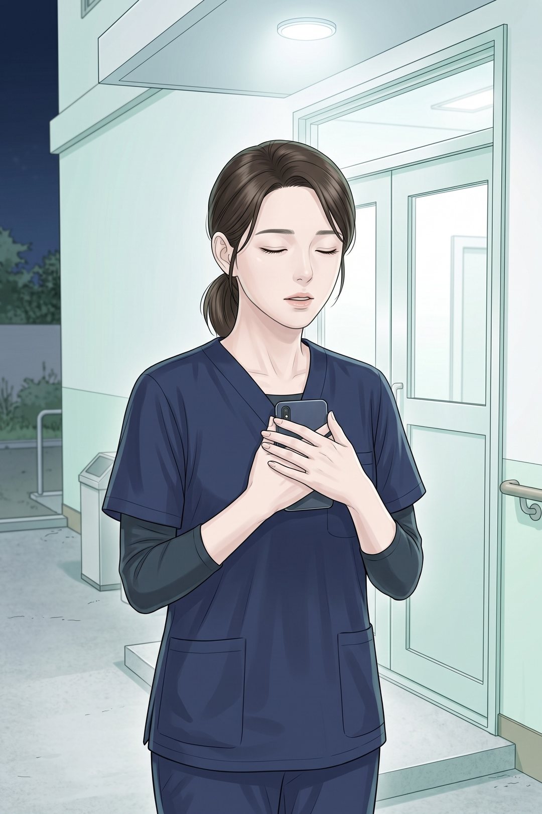 夜の裏口の前で、スマホを胸に当て、大きく息をはく30代の女性の看護師。