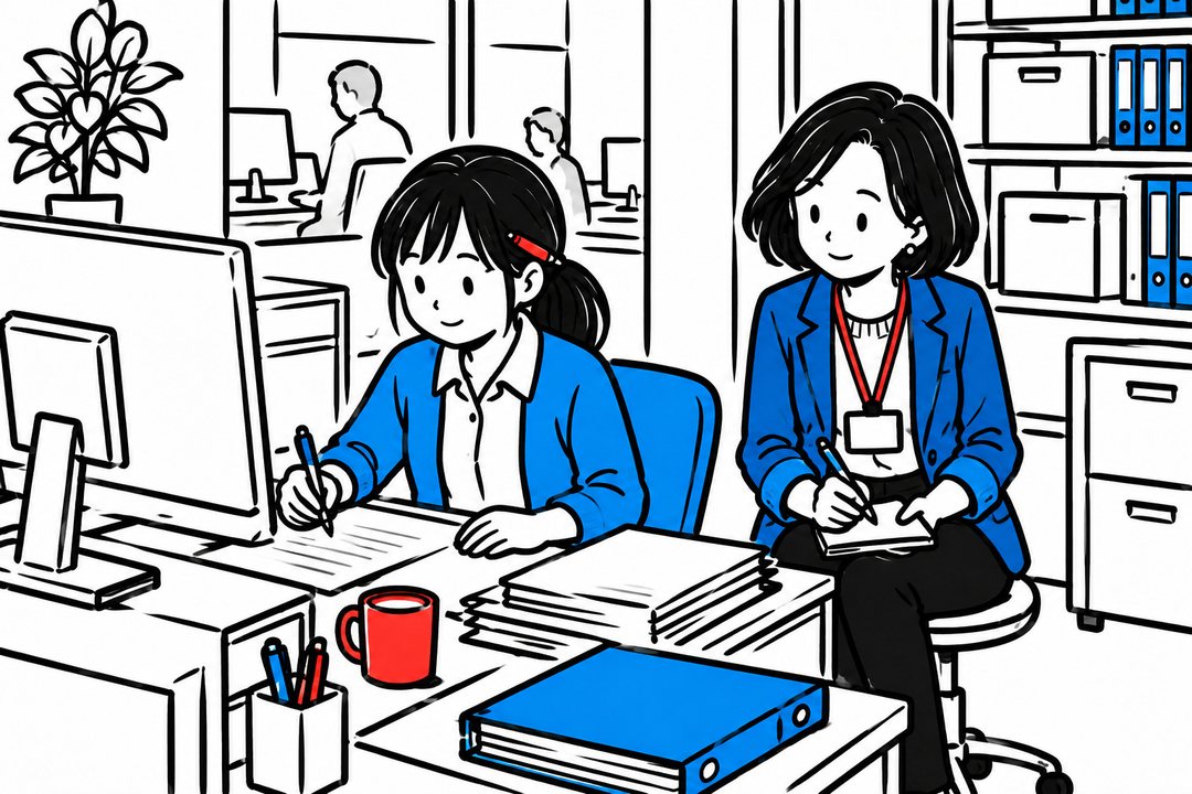 ゆいの机の横に丸椅子を置いて座る蒔田。ゆいがパソコンのメールを見ながら、紙の注文の用紙にペンで書き写している。蒔田は膝の上のノートに何かを書き込んでいる。