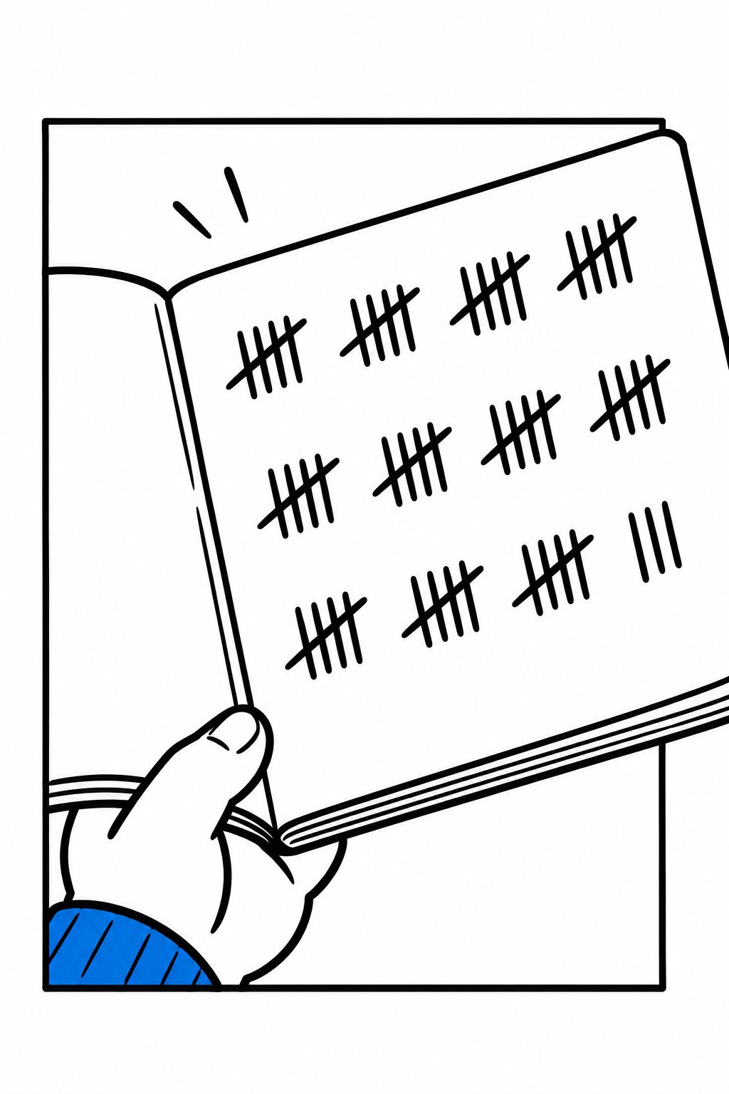 ノートの寄り。青い袖の手が持つ見開きのページに、短い線を5本ずつ束ねた数えの印が何列も並ぶ。ページの端が、絵の枠の右の線を越えて外へ出る。