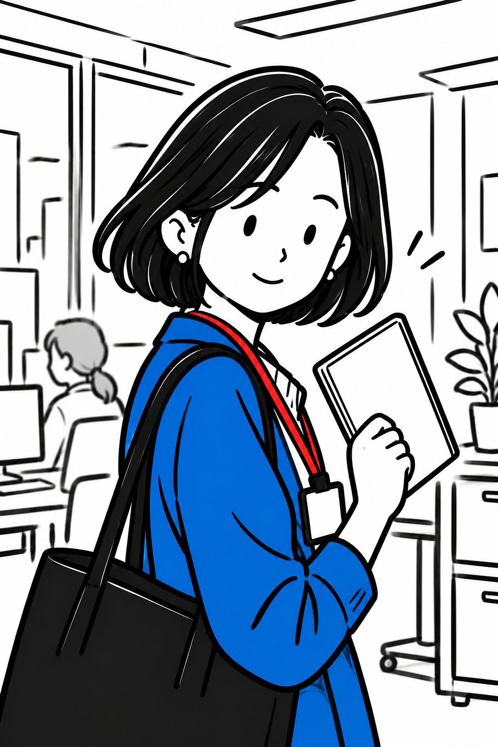 蒔田の上半身の寄り。鞄を肩に掛けたまま、ゆいの方へ振り返る。落ち着いた顔で、手のノートを軽く持ち上げる。