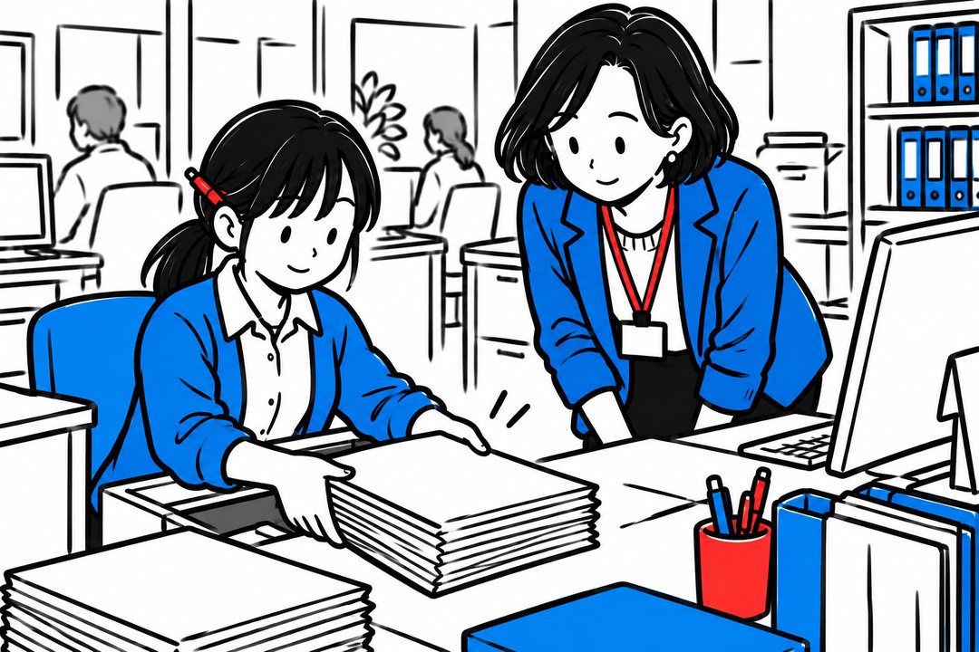 ゆいが、厚い紙の束を机の上に置く。毎晩、書き写した注文の紙の控え。右で蒔田が身を乗り出してのぞく。