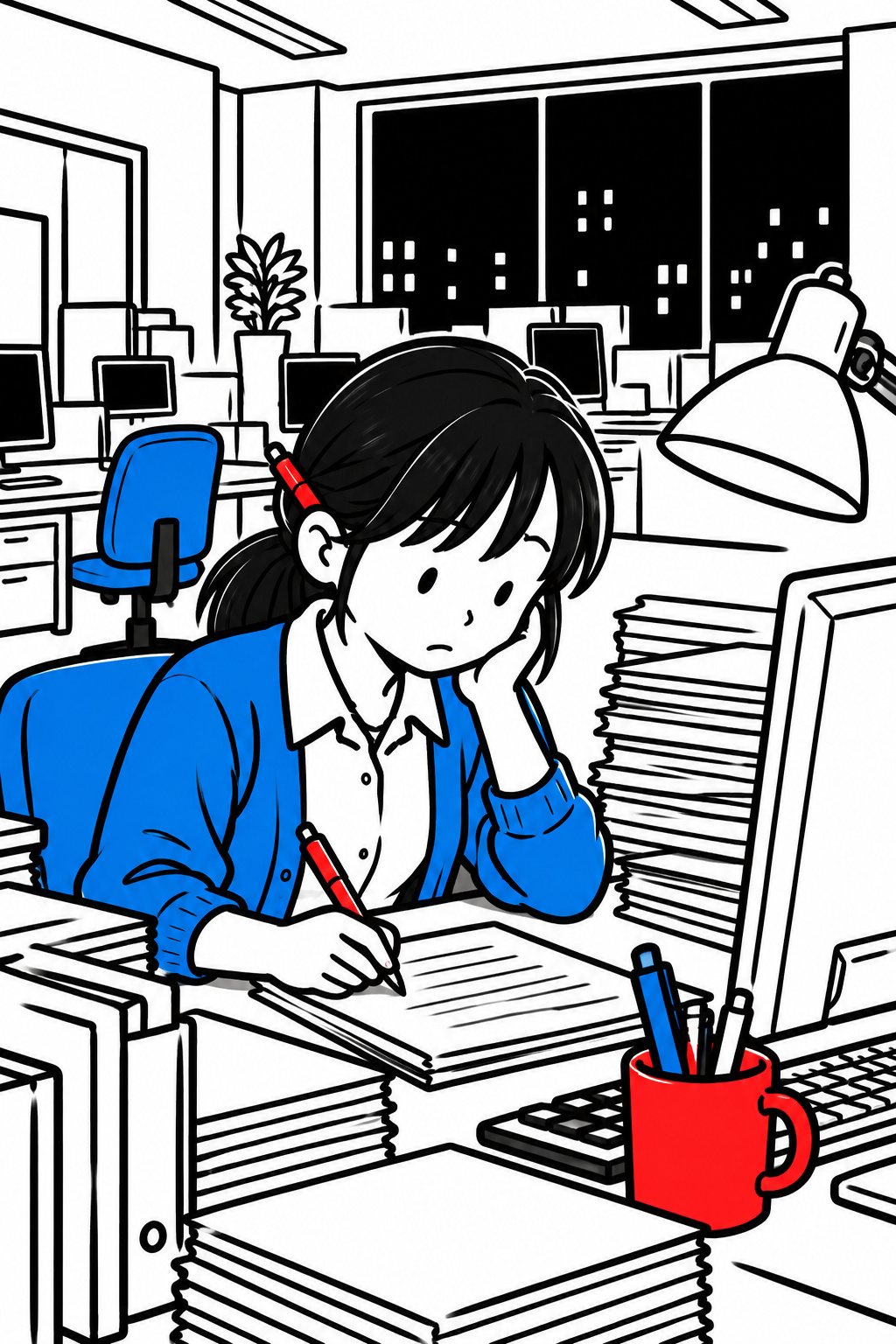 夜9時の事務所。ほかの席の灯りは消え、ゆい1人だけが机の灯りの下で、頬杖をついて、パソコンのメールを紙の注文の用紙に書き写している。