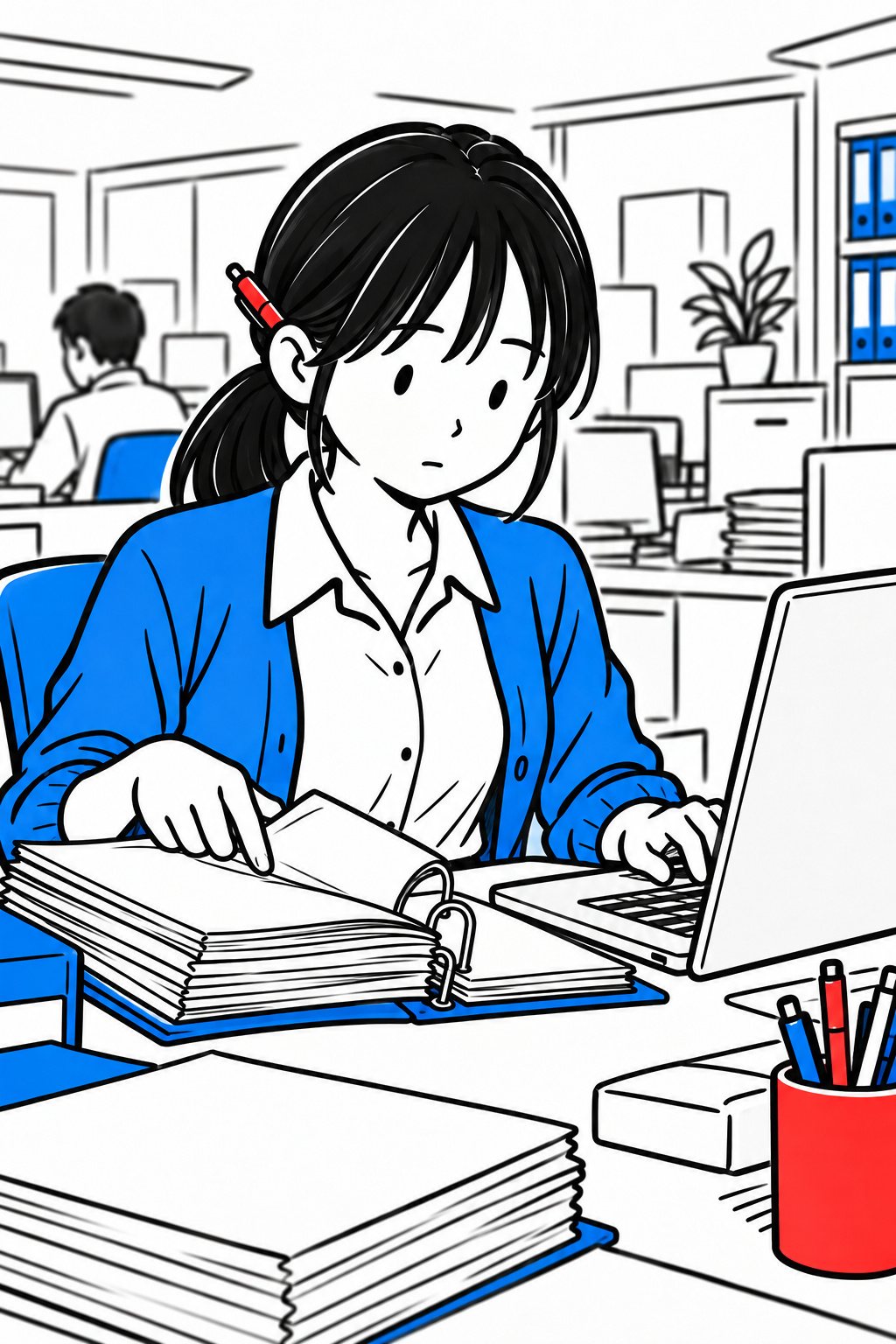 ゆいが注文の控えのファイルを片手でめくり、指で品番を探しながら、もう片方の手で画面の空いた欄に打ち込む。