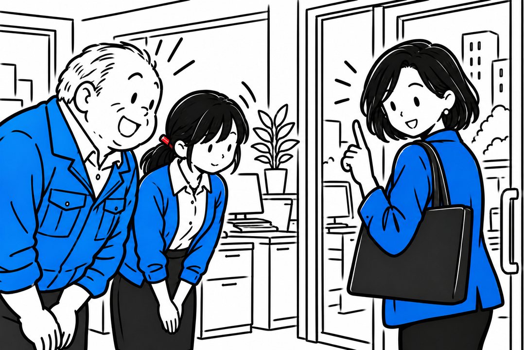 事務所の戸口。帰り際に振り返って人差し指を立てる蒔田（右）。手前の左で、社長が大きくうなずき、横でゆいが小さく頭を下げる。