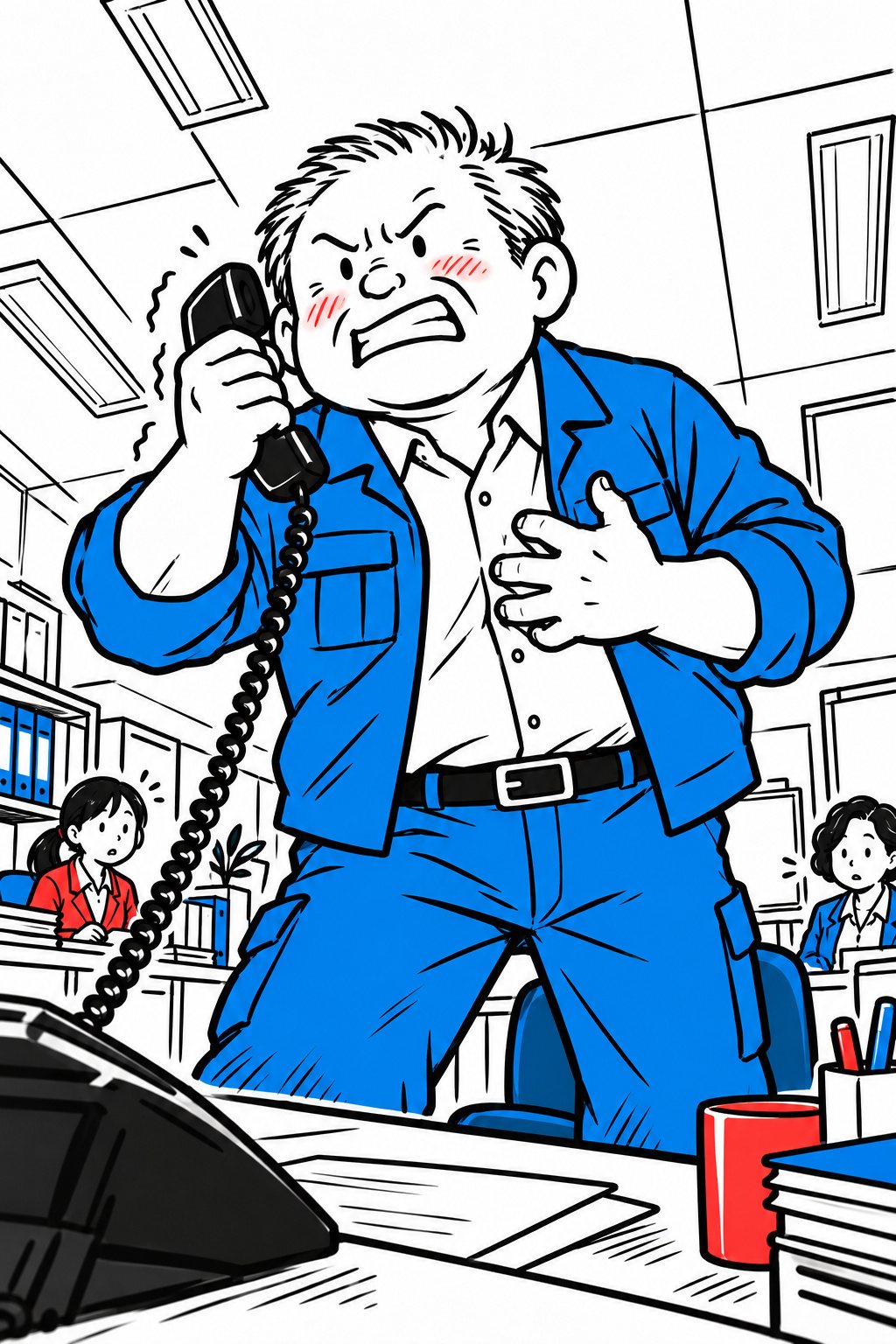 社長が机の電話の受話器をつかんで立ち上がる。下からの角度。もう片方の手を胸に当て、歯を食いしばって頬が赤い。