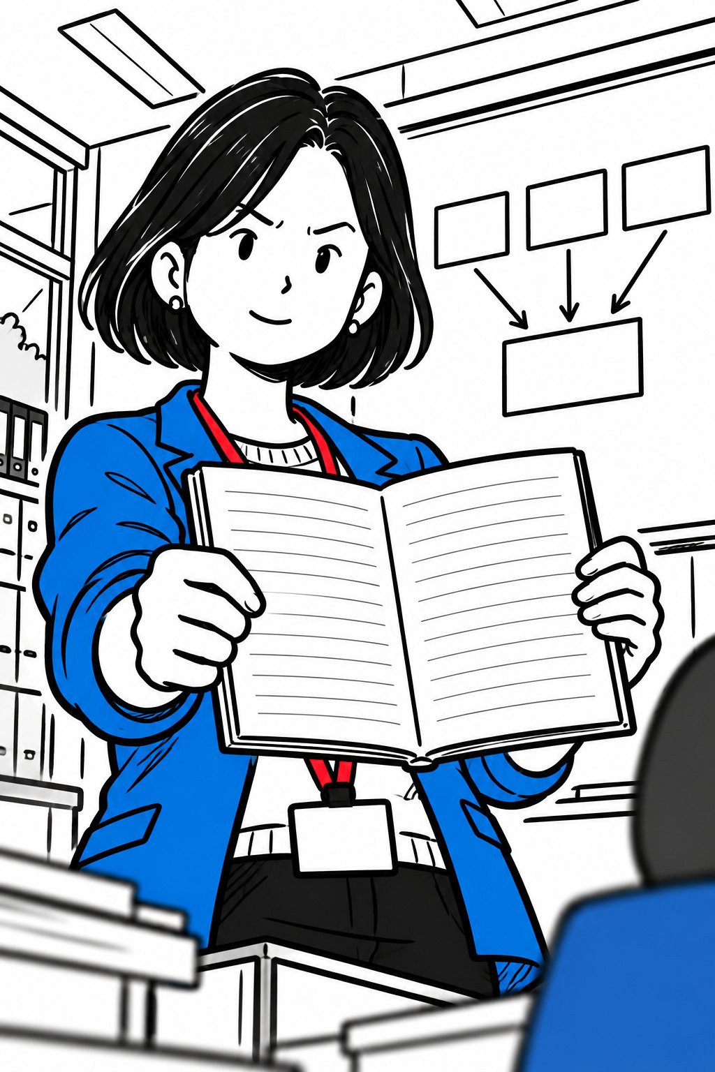 蒔田の上半身。ノートを開いて胸の前に掲げ、まっすぐこちらを見る。後ろのホワイトボードに、四角が3つと、そこから1つの四角へ向かう矢印（字は無い）。