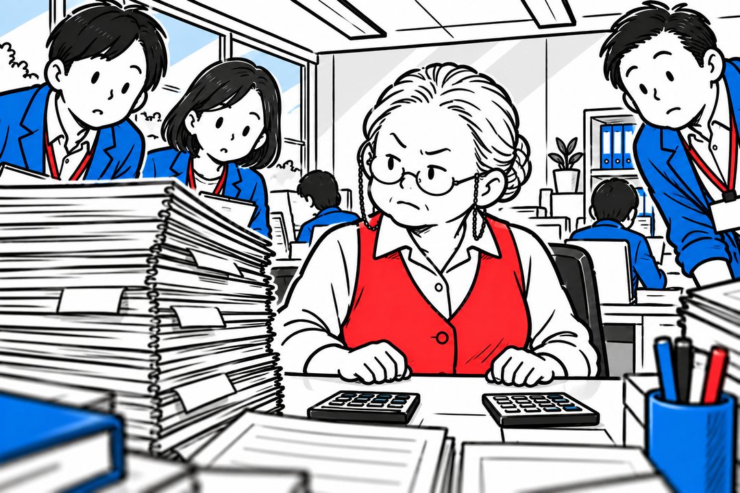 社員たちが身を乗り出して、芳賀の机をのぞき込む。手前にファクスの束が積まれている。芳賀は電卓2台の前で、口をへの字に結び、横へ目をそらす。