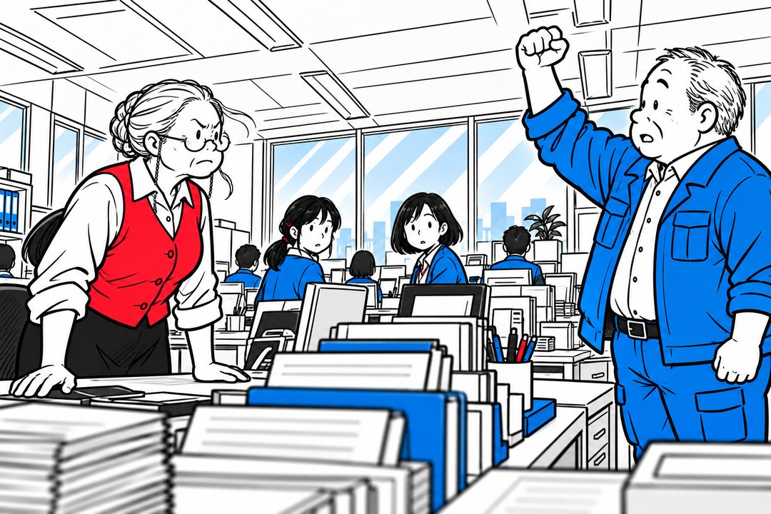 事務所の全景を引いて。席から立ち上がった芳賀が、まっすぐ社長を見ている。こぶしを上げたまま固まる社長、振り向くゆいと蒔田が小さい。