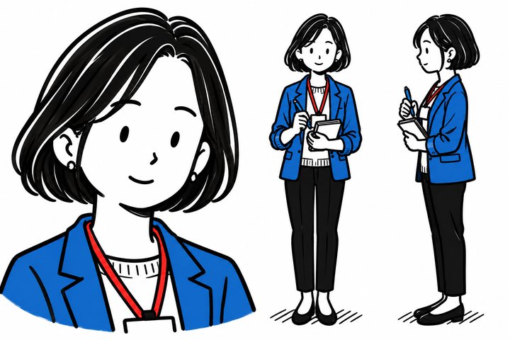 「水曜日だけ、うちの社員じゃない人が来る。」の蒔田 一葉の設定画（全身と顔）