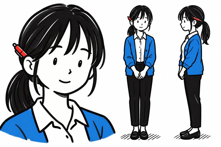 「水曜日だけ、うちの社員じゃない人が来る。」の仁科 ゆいの設定画（全身と顔）