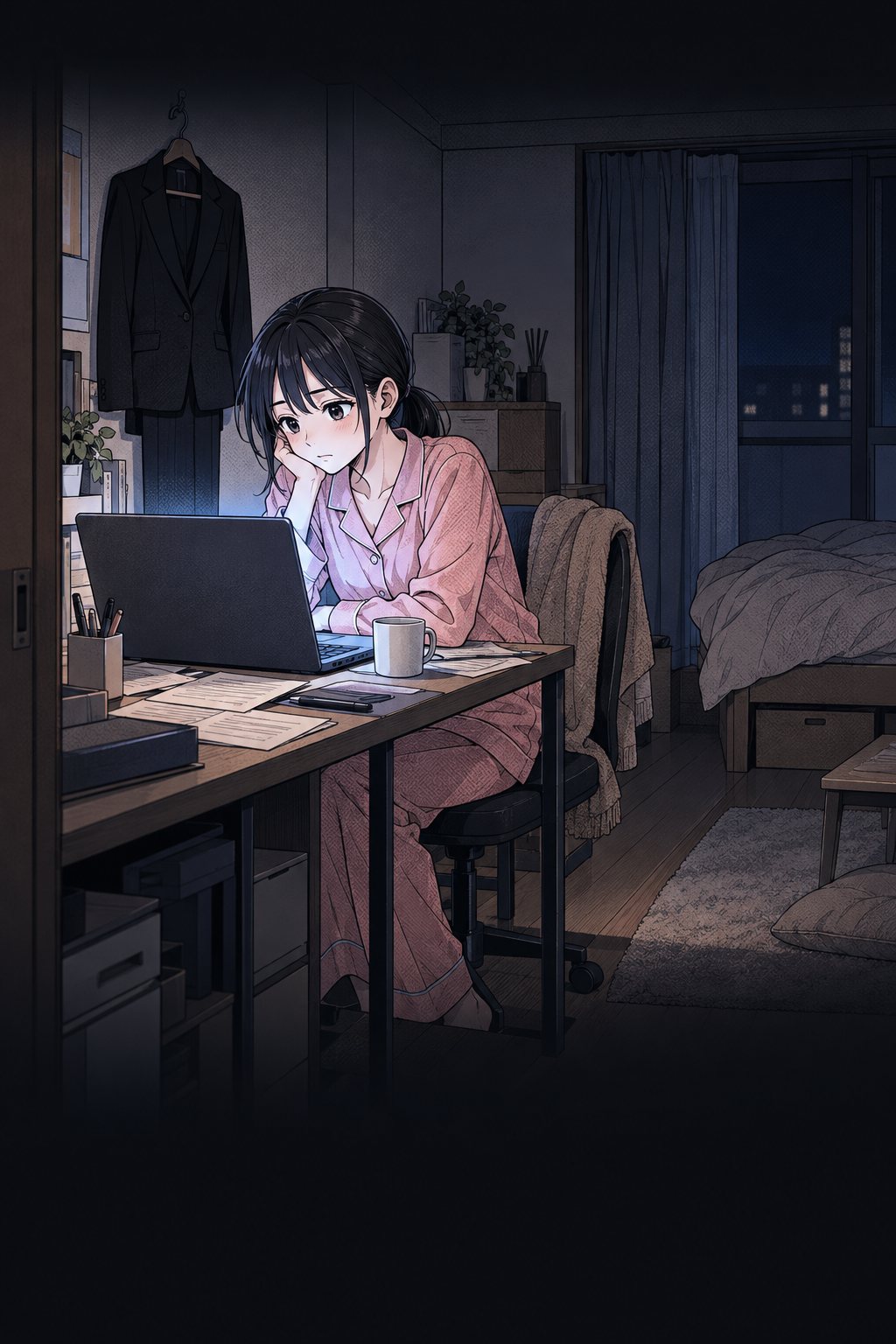 夜の小さなアパートの部屋。壁に就活のスーツが掛かり、机の上のノートパソコンの光が、女子学生の顔を照らしている。
