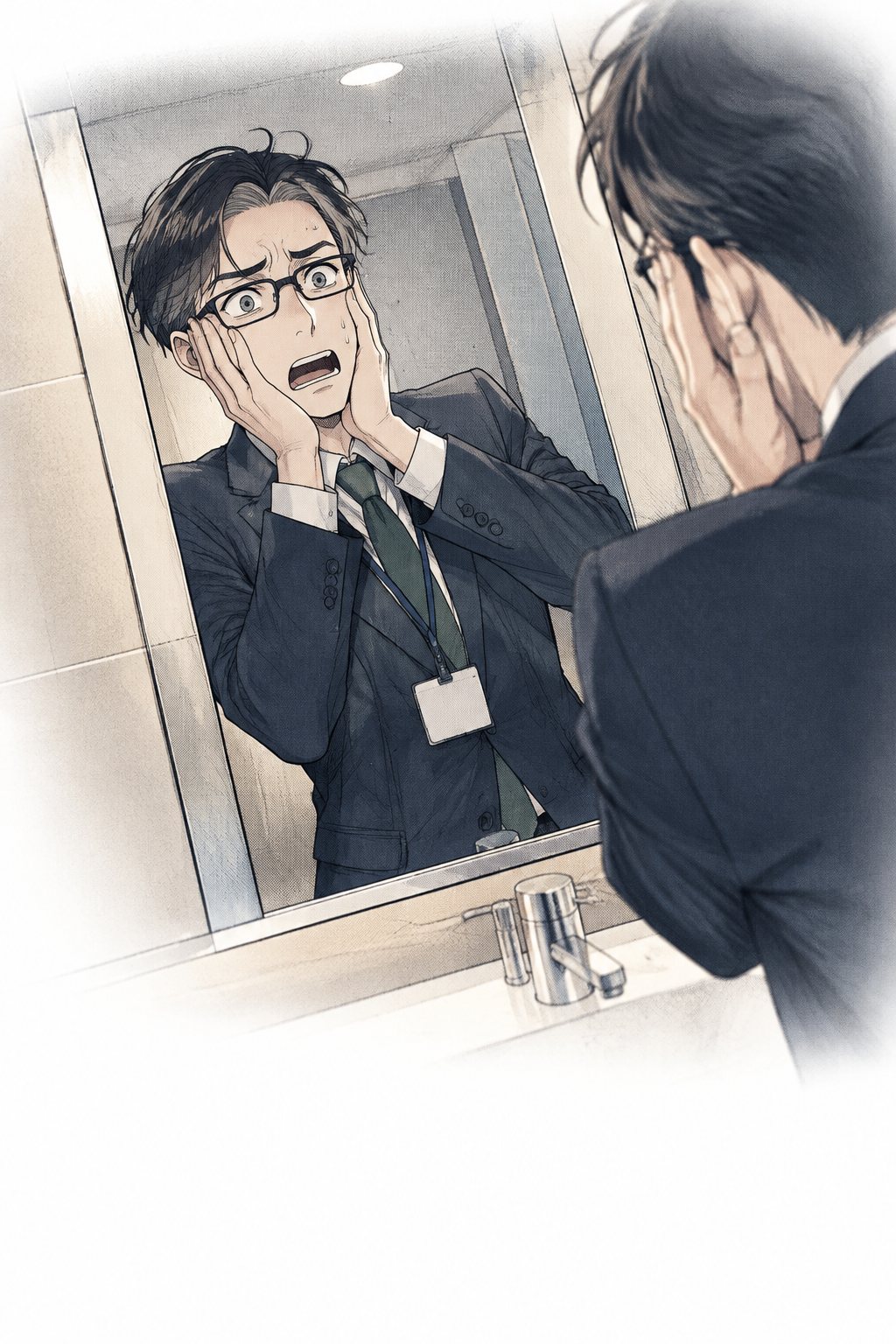 洗面所の鏡に映る、眼鏡をかけた背の高い中年の男。目を見開いて、自分の頬を両手でつかんでいる。