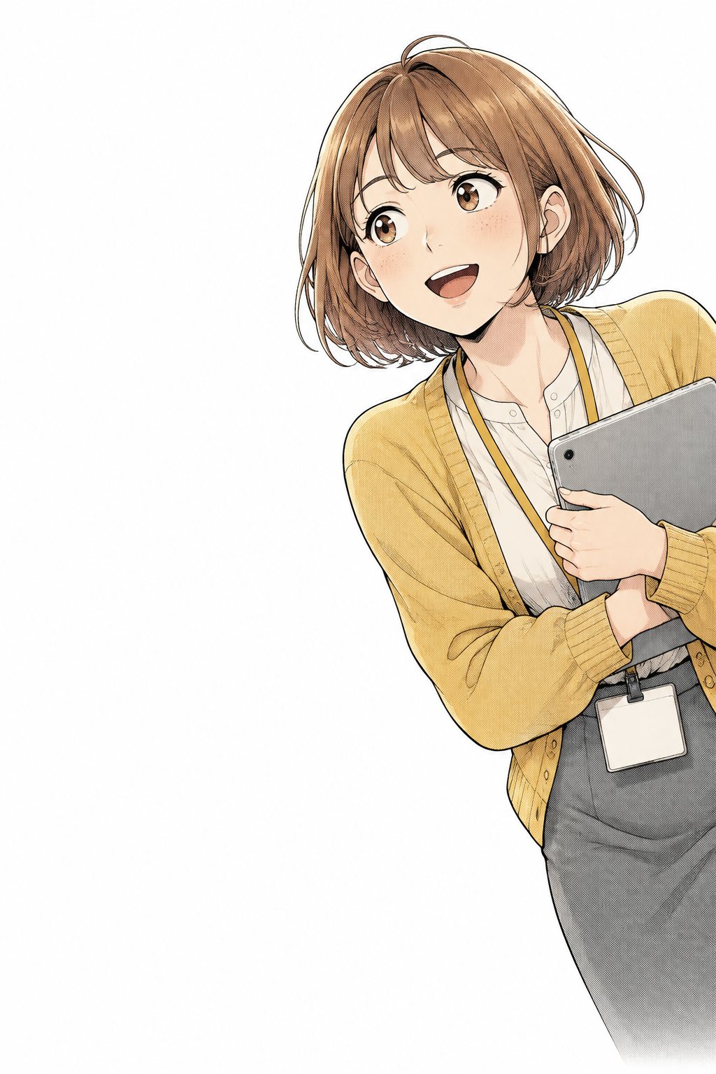 茶髪のボブに黄色いカーディガンの若い女性社員が、板の端末を抱えて、にこやかにのぞき込んでいる。