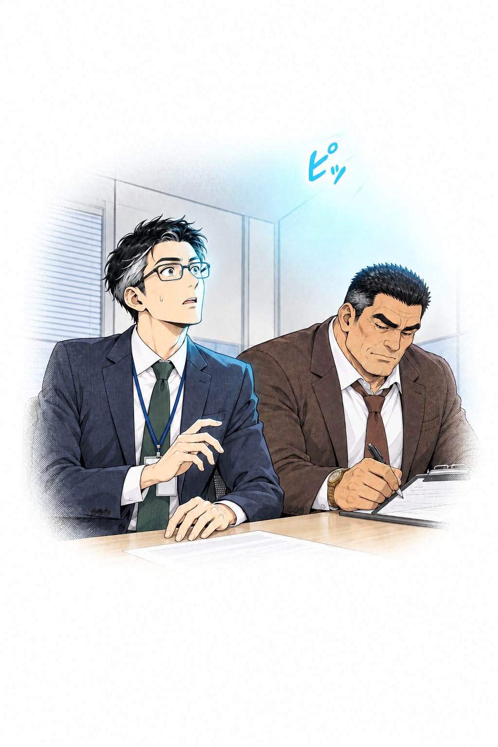 眼鏡の男(中身はことは)が、隣の岩城の手元のあたりを見て息をのむ。何もない空中から、青い光が男の顔を照らす。「ピッ」の描き文字。