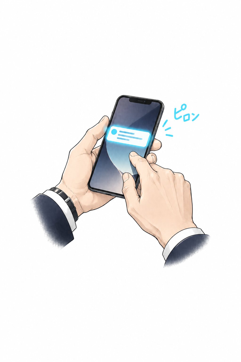 男の手の中で、スマートフォンに新しい知らせが光る(画面の文字は読めない)。「ピロン」の描き文字。
